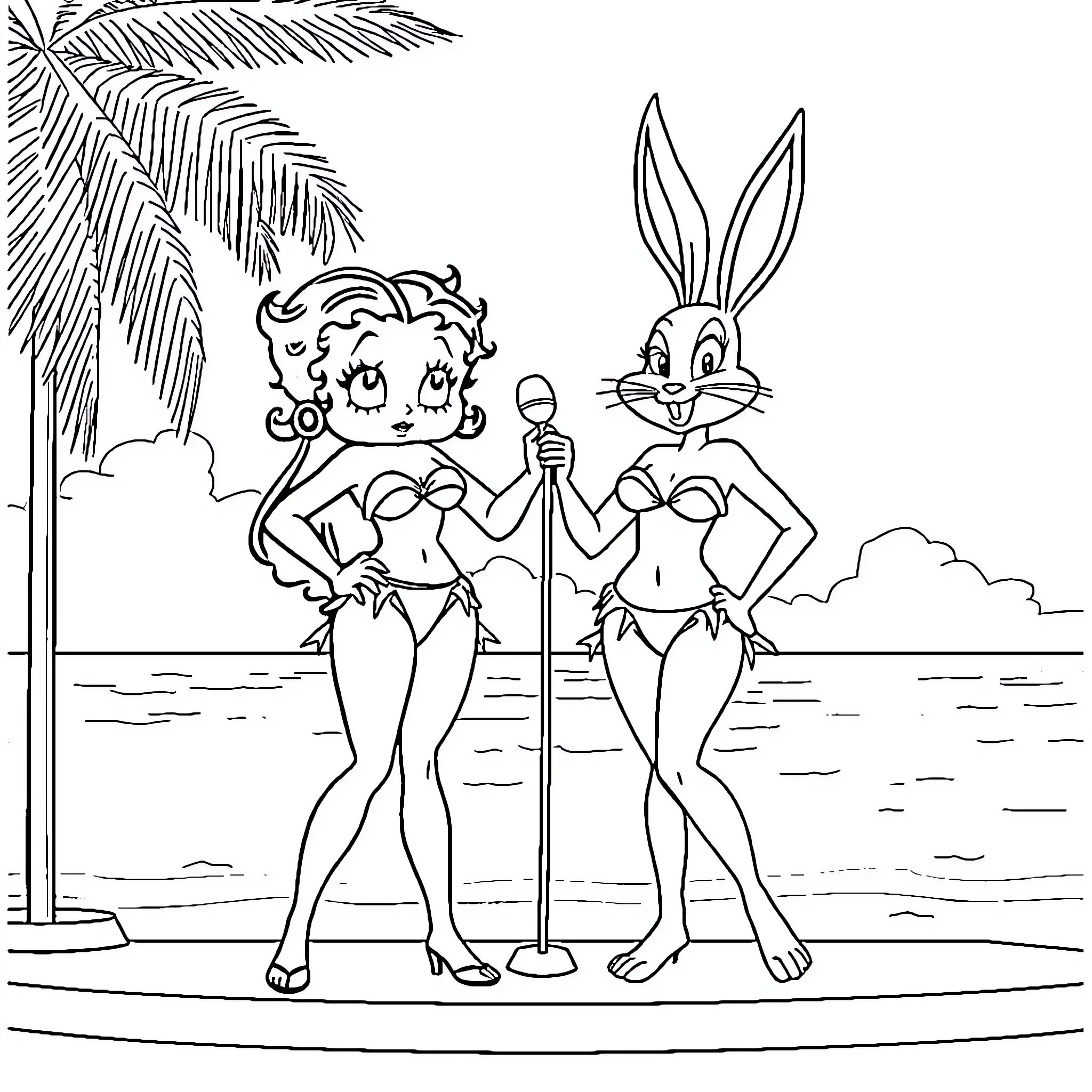 Betty Boop and Bugs Bunny enjoying the beach Coloring Page (free black-and-white line drawing printable PDF for all, from beginners to advanced learners, including children, teens, adults, and seniors)