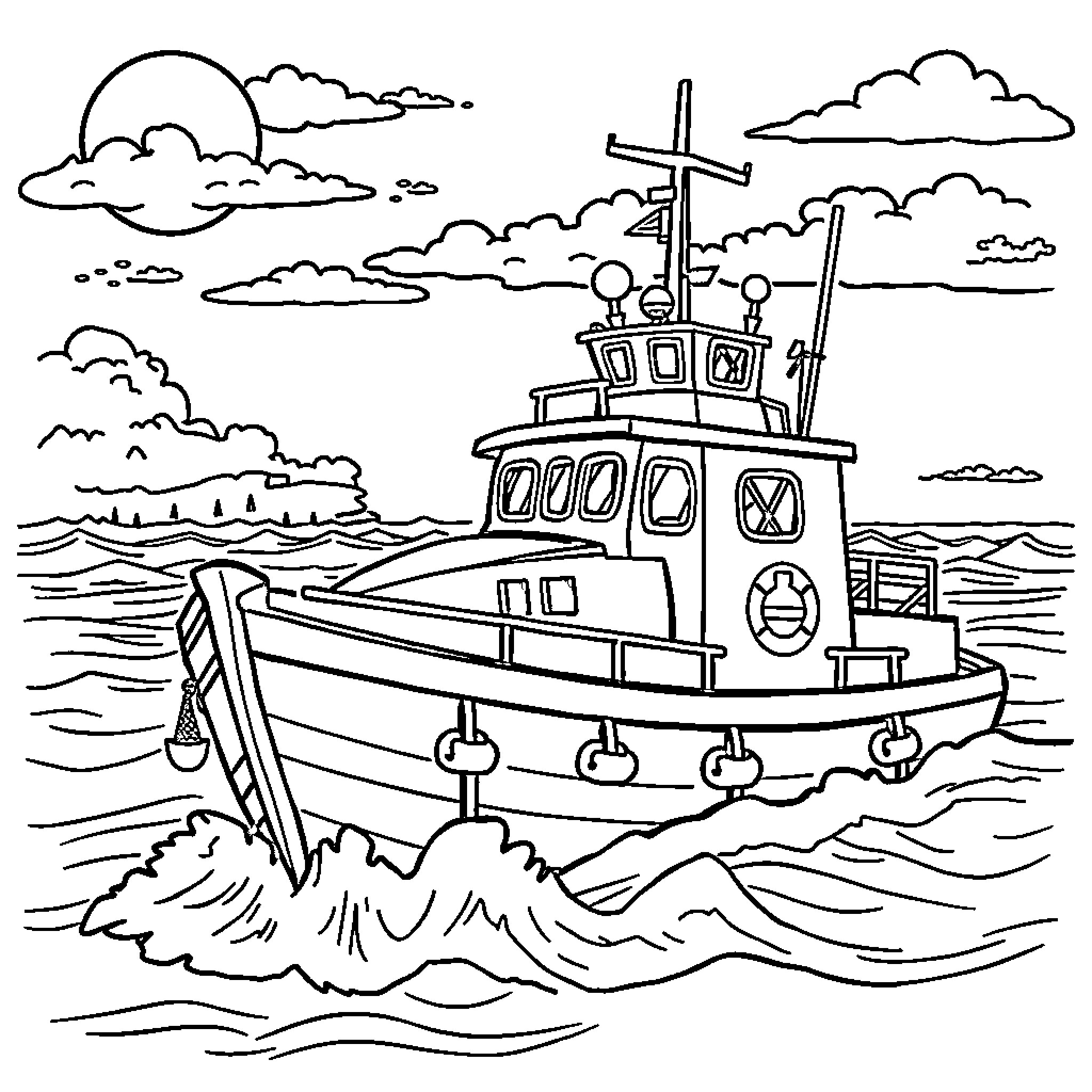 Coast Guard ship navigating rough seas Coloring Page (free black-and-white line drawing printable PDF for all, from beginners to advanced learners, including children, teens, adults, and seniors)