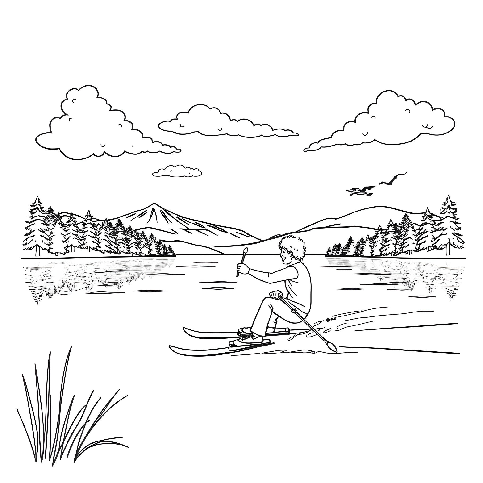 Bob Ross enjoying the scenic outdoors on skis Coloring Page (free black-and-white line drawing printable PDF for all, from beginners to advanced learners, including children, teens, adults, and seniors)
