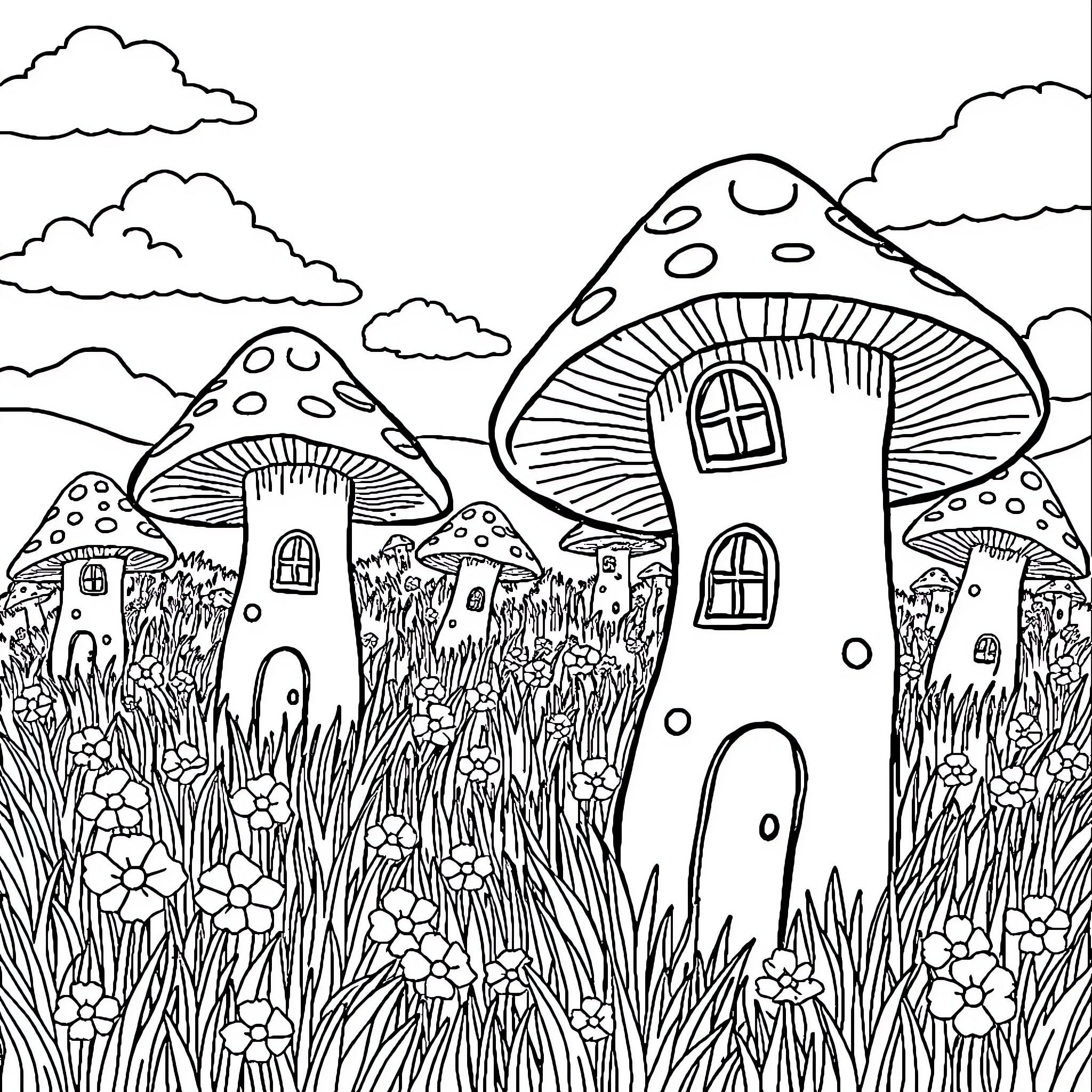 Mushroom Dwellings in Whimsical Landscape Coloring Page (free black-and-white line drawing printable PDF for all, from beginners to advanced learners, including children, teens, adults, and seniors)