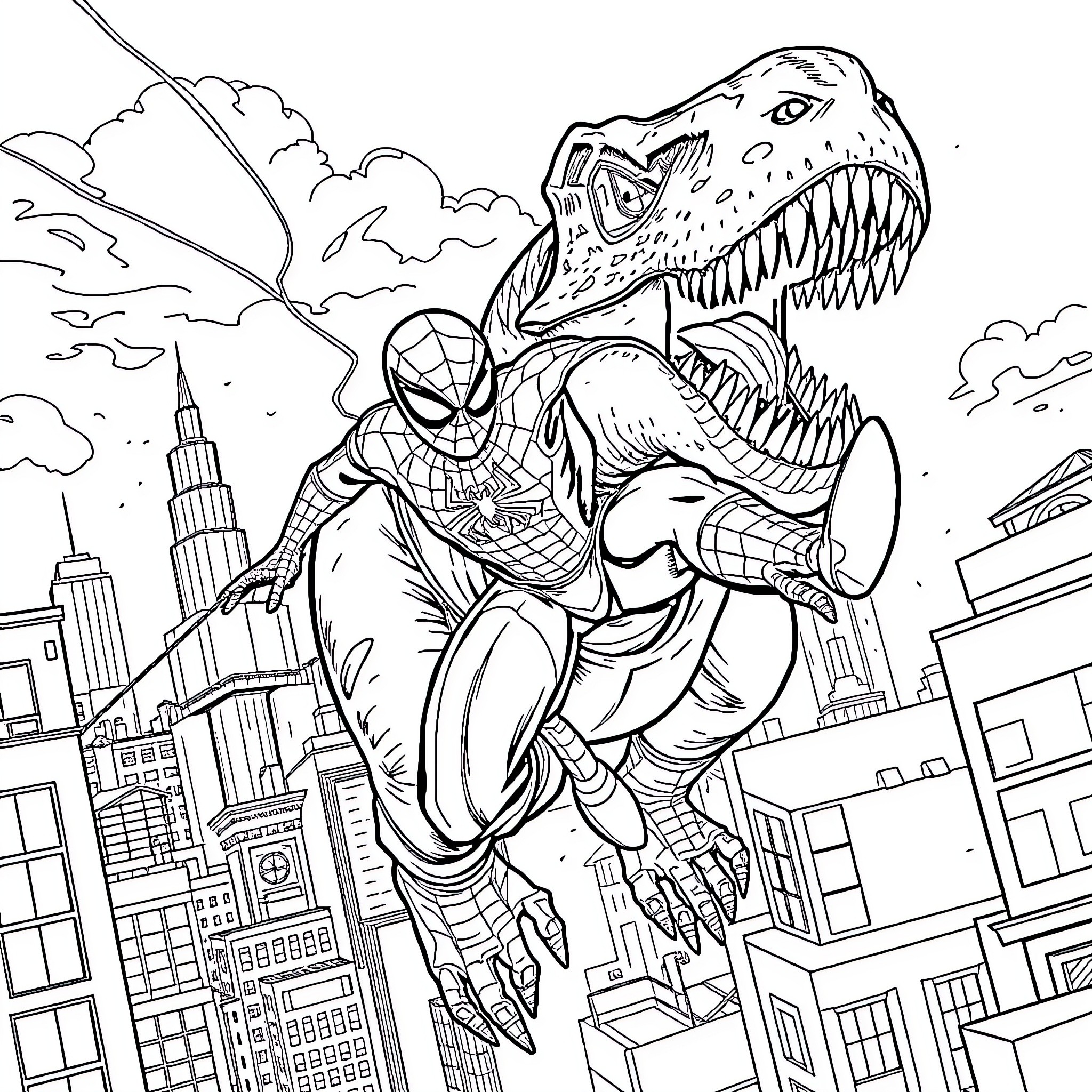 Spider-Man confronting a giant dinosaur in the city Coloring Page (free black-and-white line drawing printable PDF for all, from beginners to advanced learners, including children, teens, adults, and seniors)
