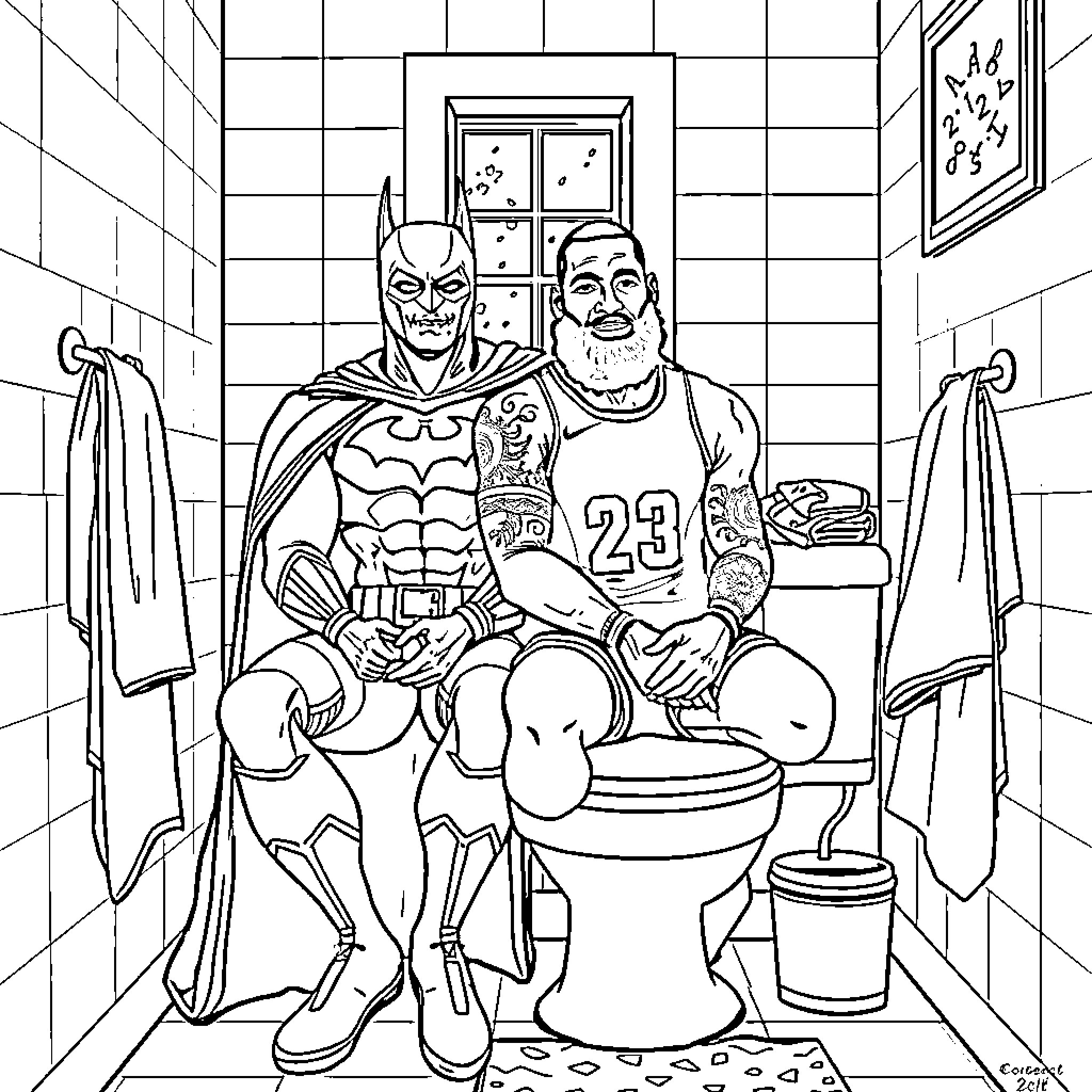 Batman and Man Sharing Humorous Bathroom Moment Coloring Page (free black-and-white line drawing printable PDF for all, from beginners to advanced learners, including children, teens, adults, and seniors)