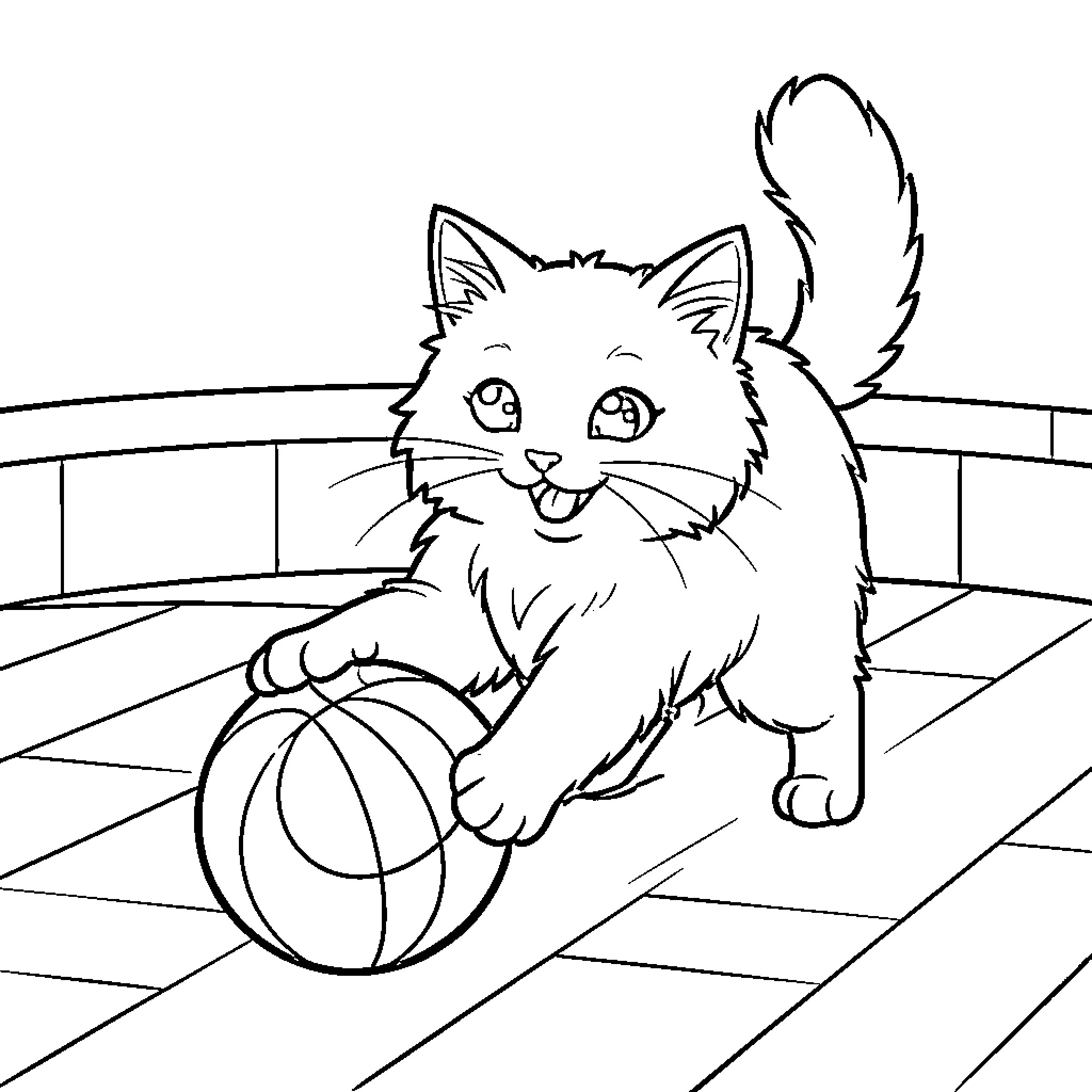 Cat playing with ball on court Coloring Page (free black-and-white line drawing printable PDF for all, from beginners to advanced learners, including children, teens, adults, and seniors)