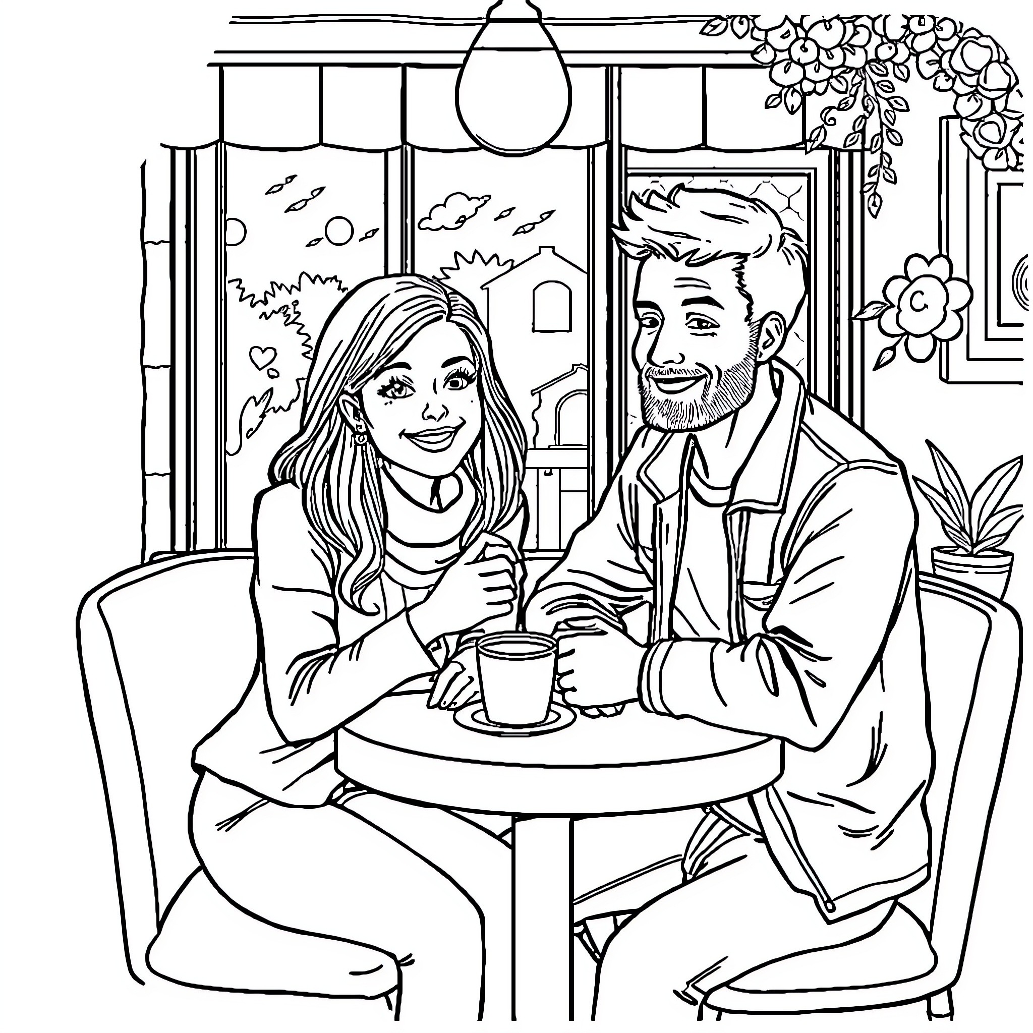 Amber and Mike enjoy cozy cafe time together Coloring Page (free black-and-white line drawing printable PDF for all, from beginners to advanced learners, including children, teens, adults, and seniors)