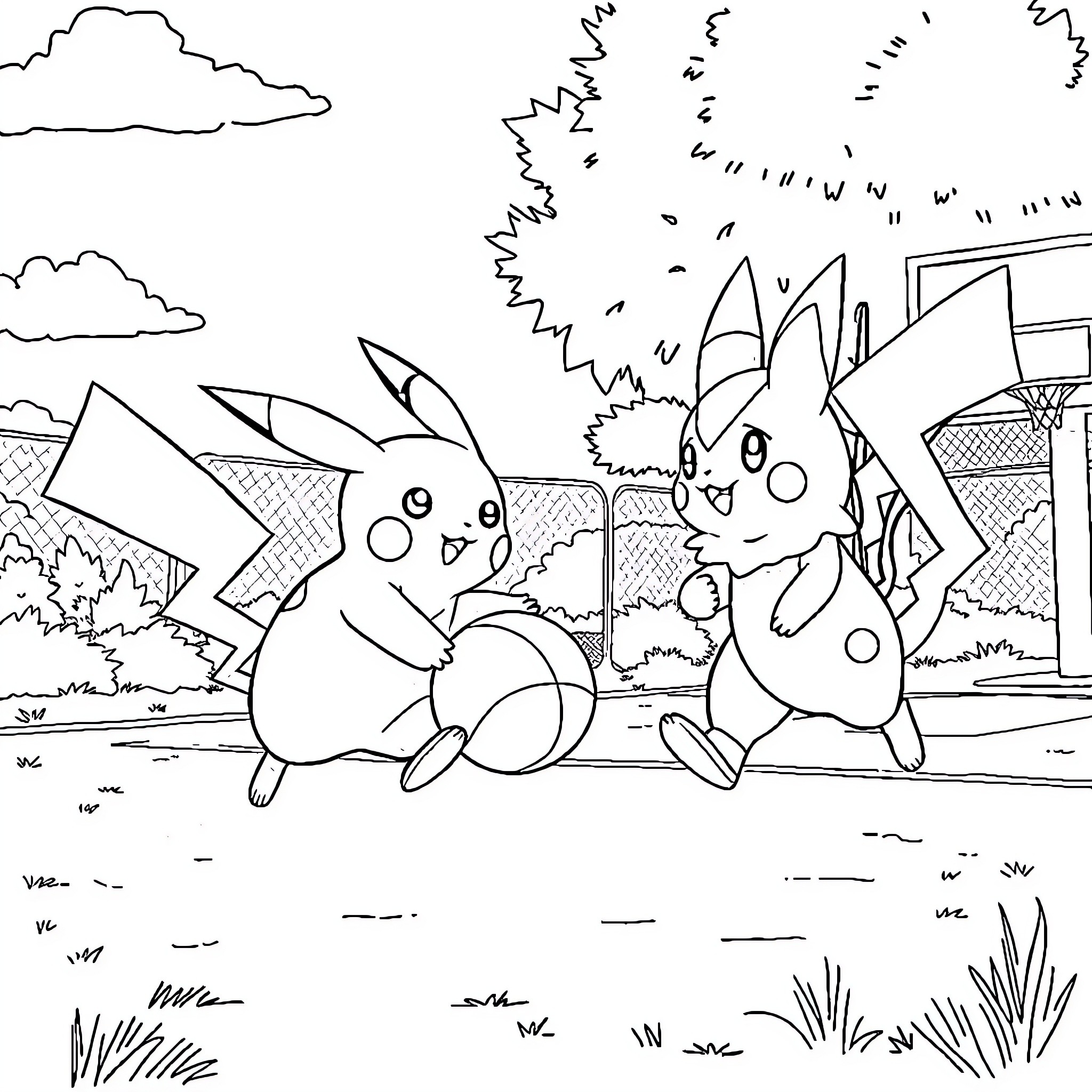 Pikachu and friends playing outdoors in the park Coloring Page (free black-and-white line drawing printable PDF for all, from beginners to advanced learners, including children, teens, adults, and seniors)