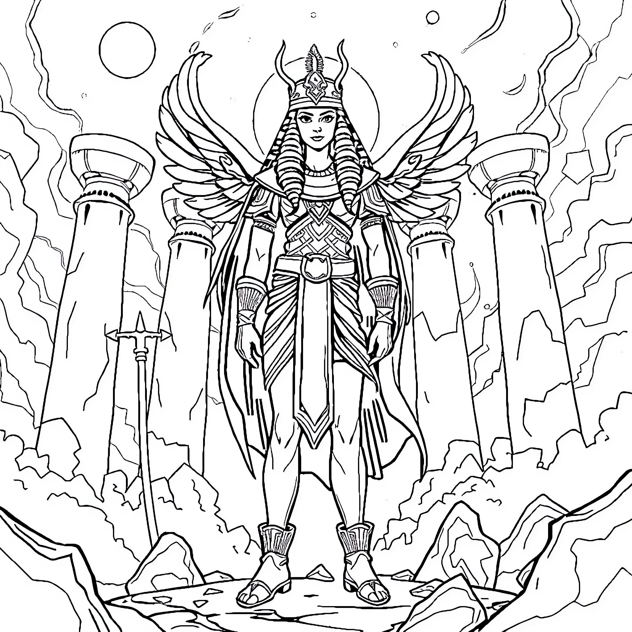 Euphrati Keeler in Angelic Warrior Attire Coloring Page (free black-and-white line drawing printable PDF for all, from beginners to advanced learners, including children, teens, adults, and seniors)