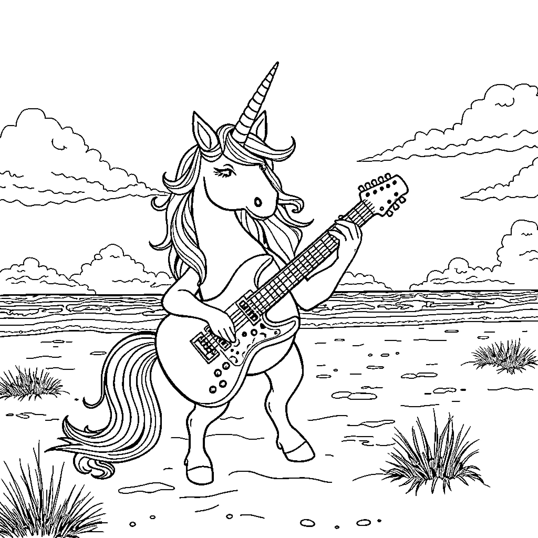 Unicorn playing guitar by the beach Coloring Page (free black-and-white line drawing printable PDF for all, from beginners to advanced learners, including children, teens, adults, and seniors)