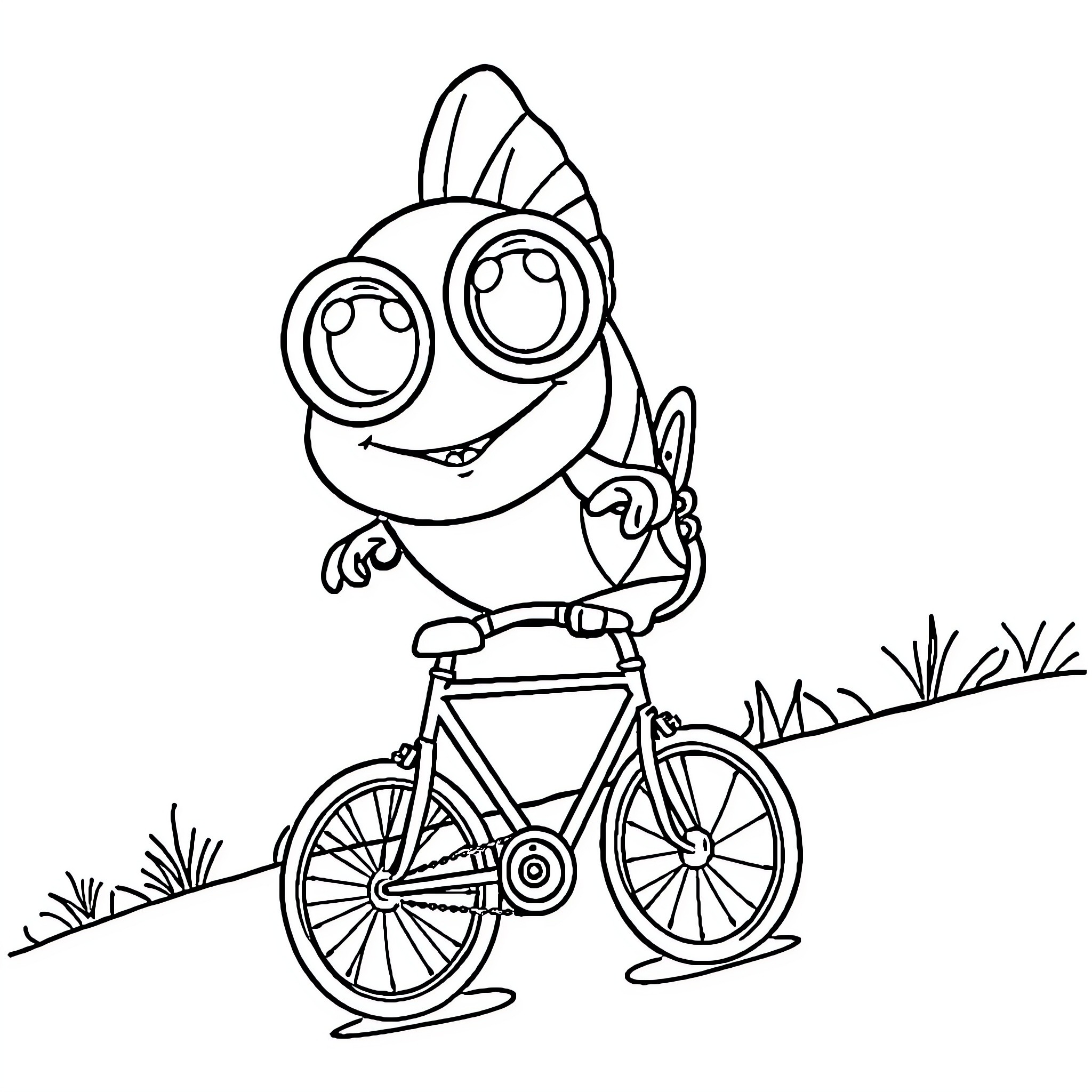 Fish character riding a bicycle happily Coloring Page (free black-and-white line drawing printable PDF for all, from beginners to advanced learners, including children, teens, adults, and seniors)