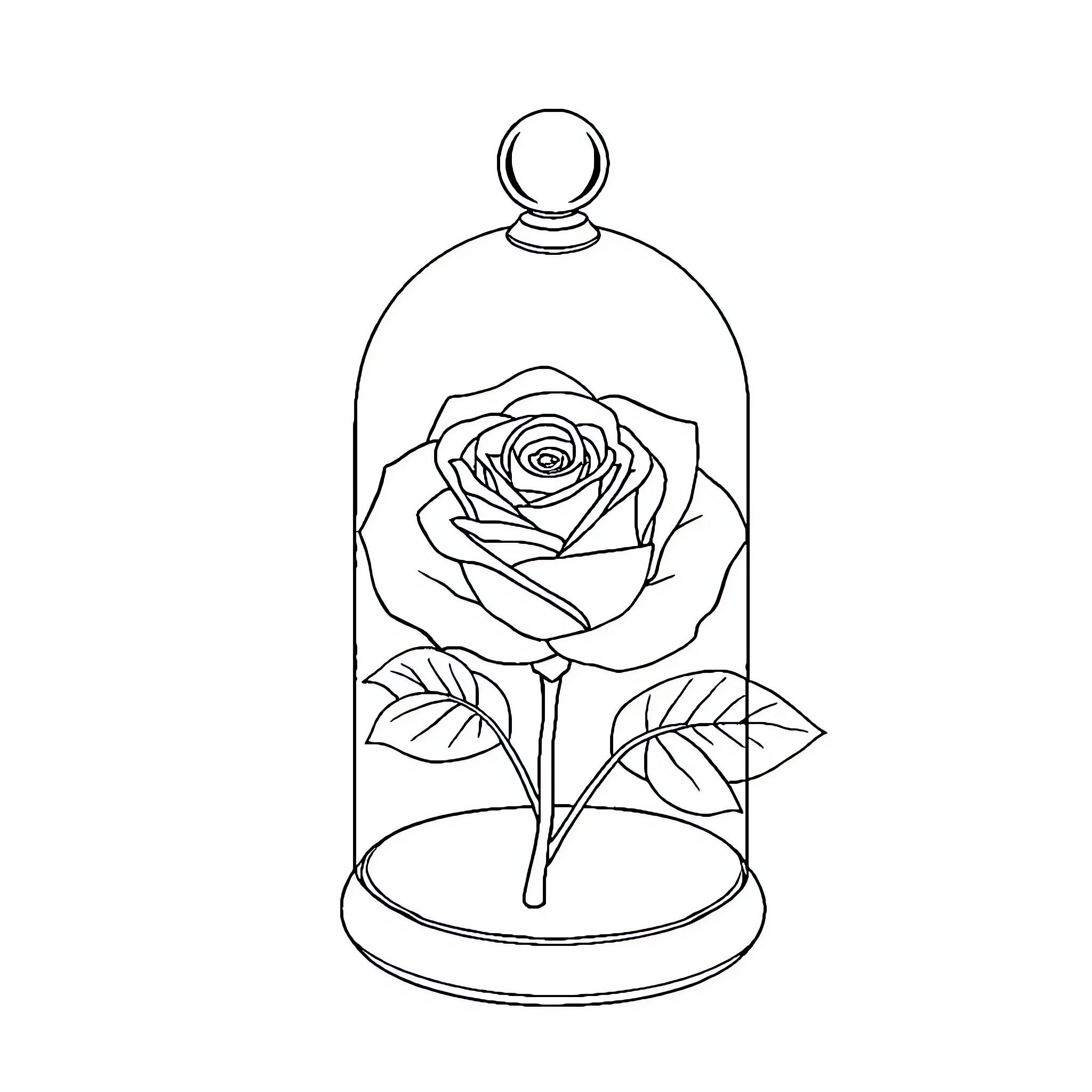 Rose in Enchanted Glass Dome Coloring Page (free black-and-white line drawing printable PDF for all, from beginners to advanced learners, including children, teens, adults, and seniors)