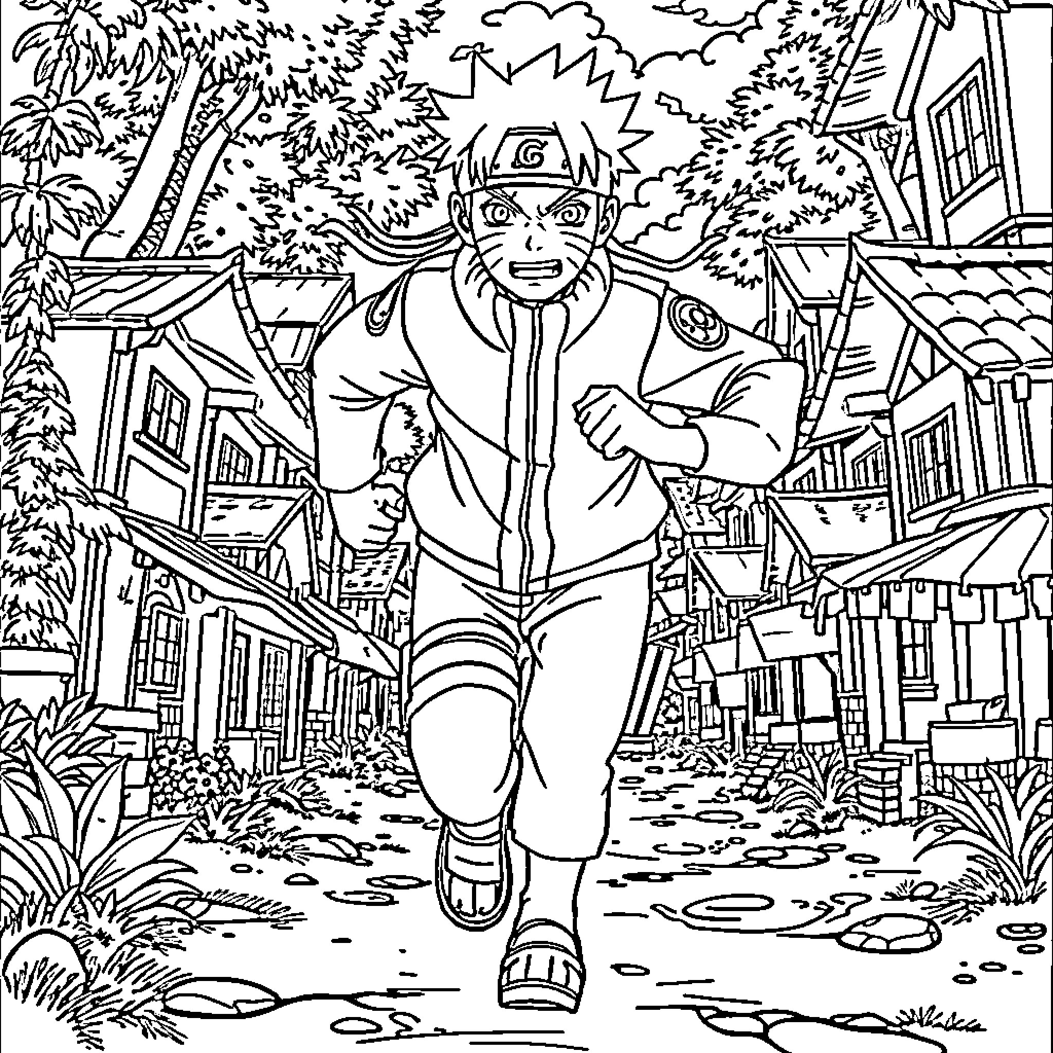 Naruto running energetically through a village Coloring Page (free black-and-white line drawing printable PDF for all, from beginners to advanced learners, including children, teens, adults, and seniors)