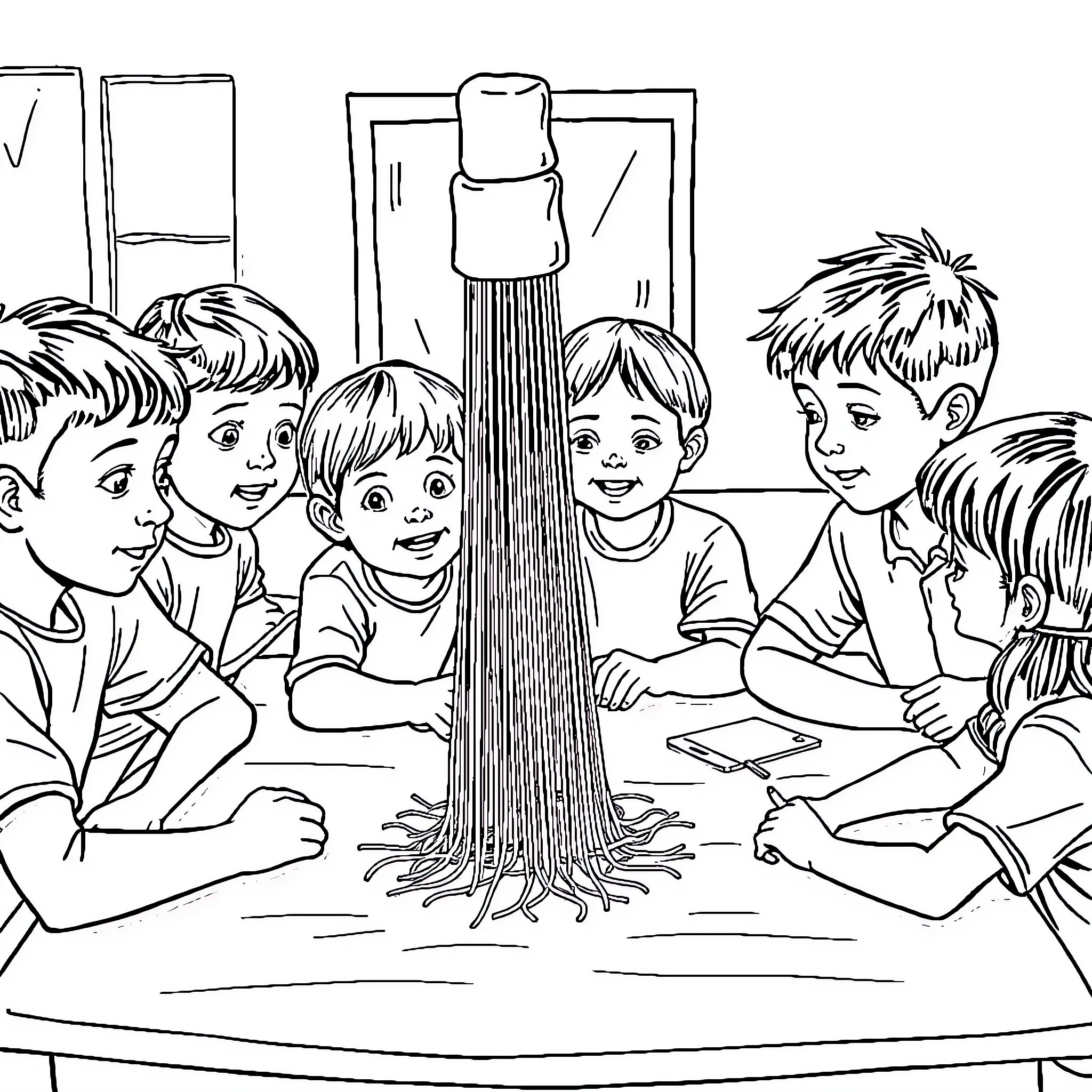 Students having fun with creative projects Coloring Page (free black-and-white line drawing printable PDF for all, from beginners to advanced learners, including children, teens, adults, and seniors)