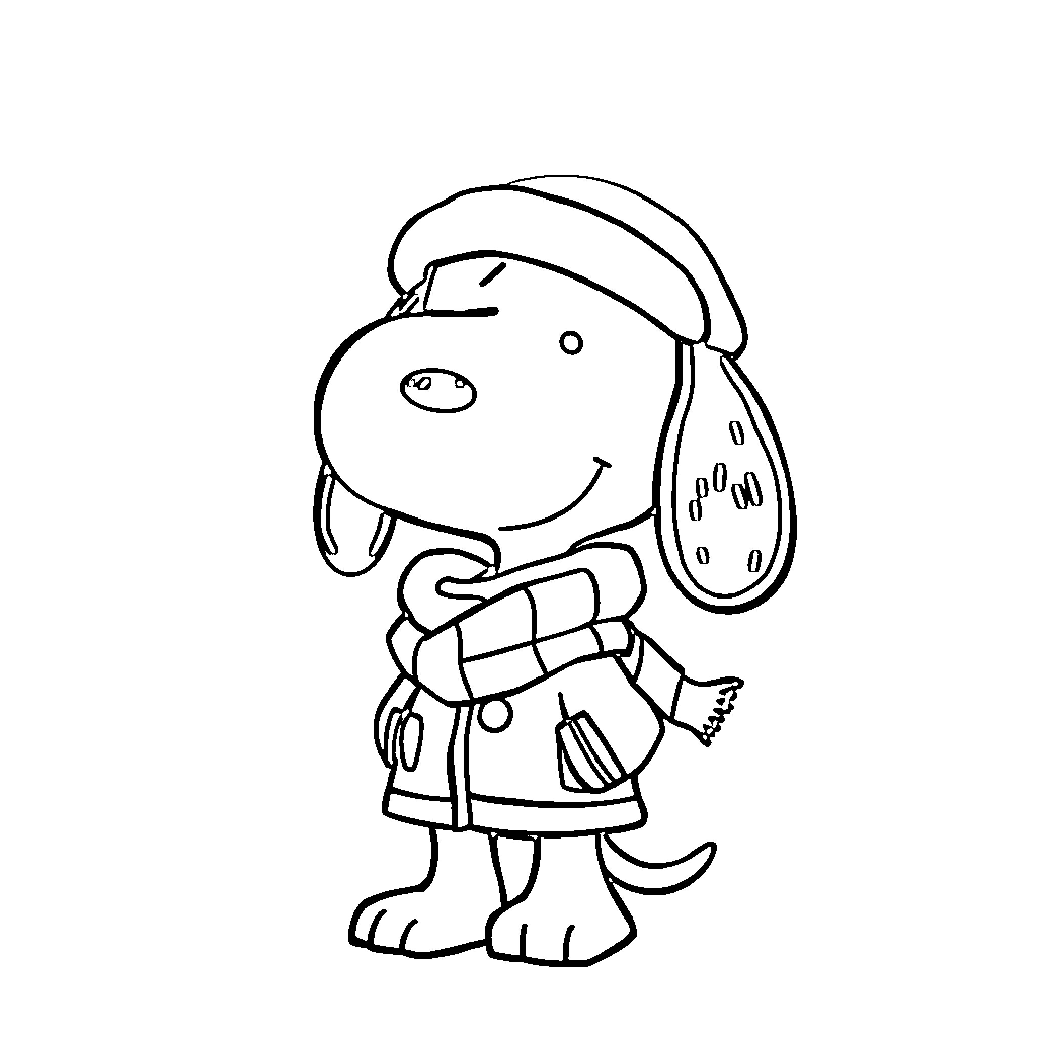 Snoopy in Winter Gear Coloring Page (free black-and-white line drawing printable PDF for all, from beginners to advanced learners, including children, teens, adults, and seniors)