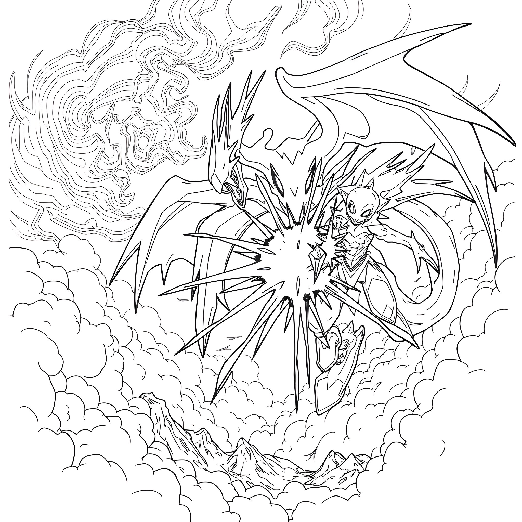 Rayquaza unleashing powerful energy in the sky Coloring Page (free black-and-white line drawing printable PDF for all, from beginners to advanced learners, including children, teens, adults, and seniors)