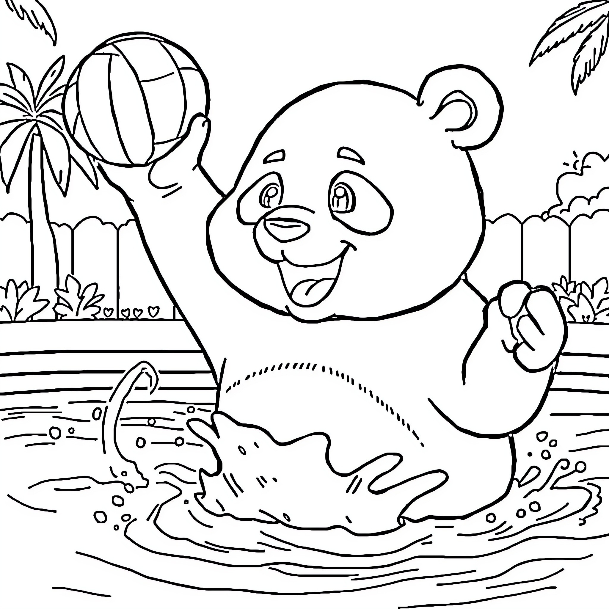 Panda playing happily in the water Coloring Page (free black-and-white line drawing printable PDF for all, from beginners to advanced learners, including children, teens, adults, and seniors)