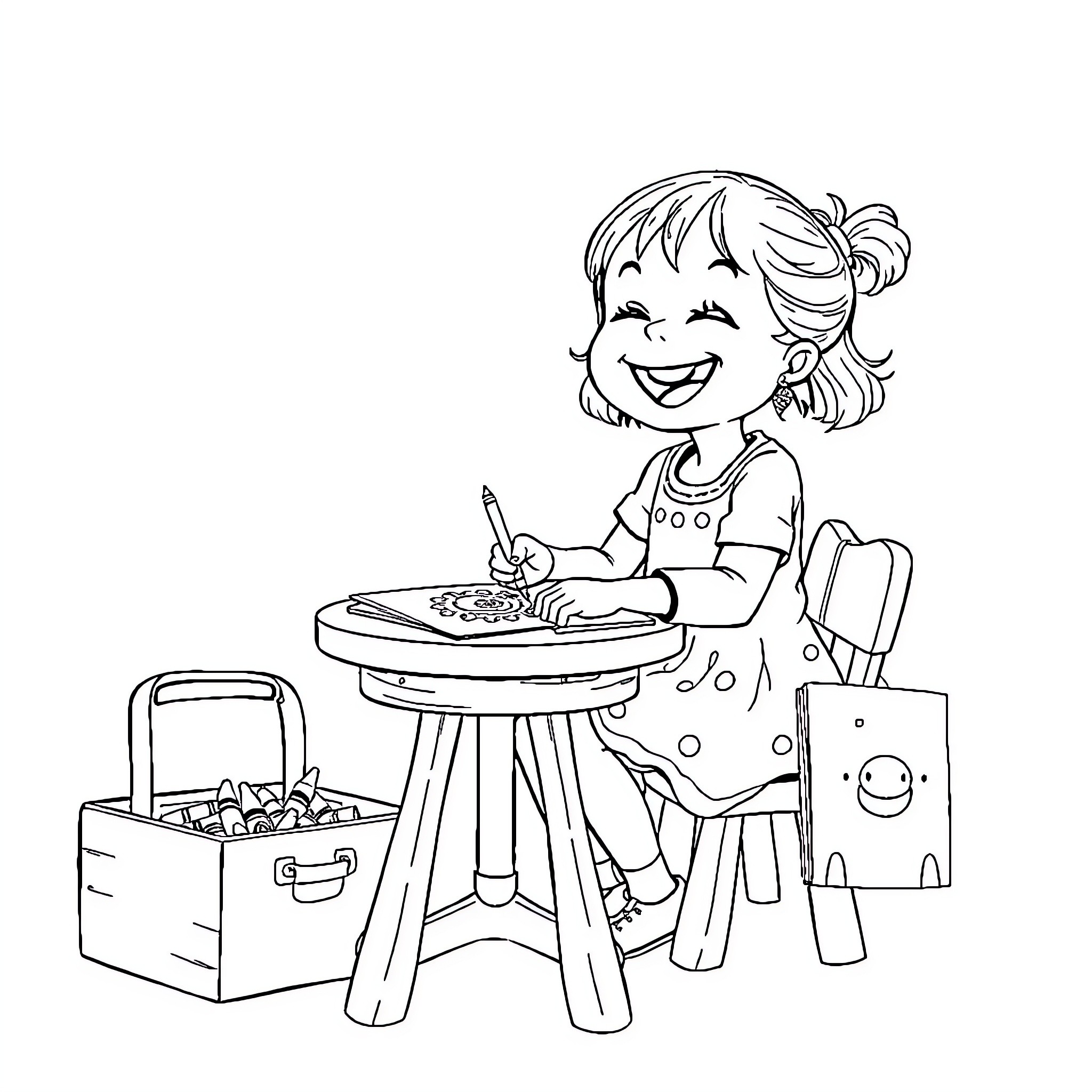 Fille drawing happily at her desk Coloring Page (free black-and-white line drawing printable PDF for all, from beginners to advanced learners, including children, teens, adults, and seniors)