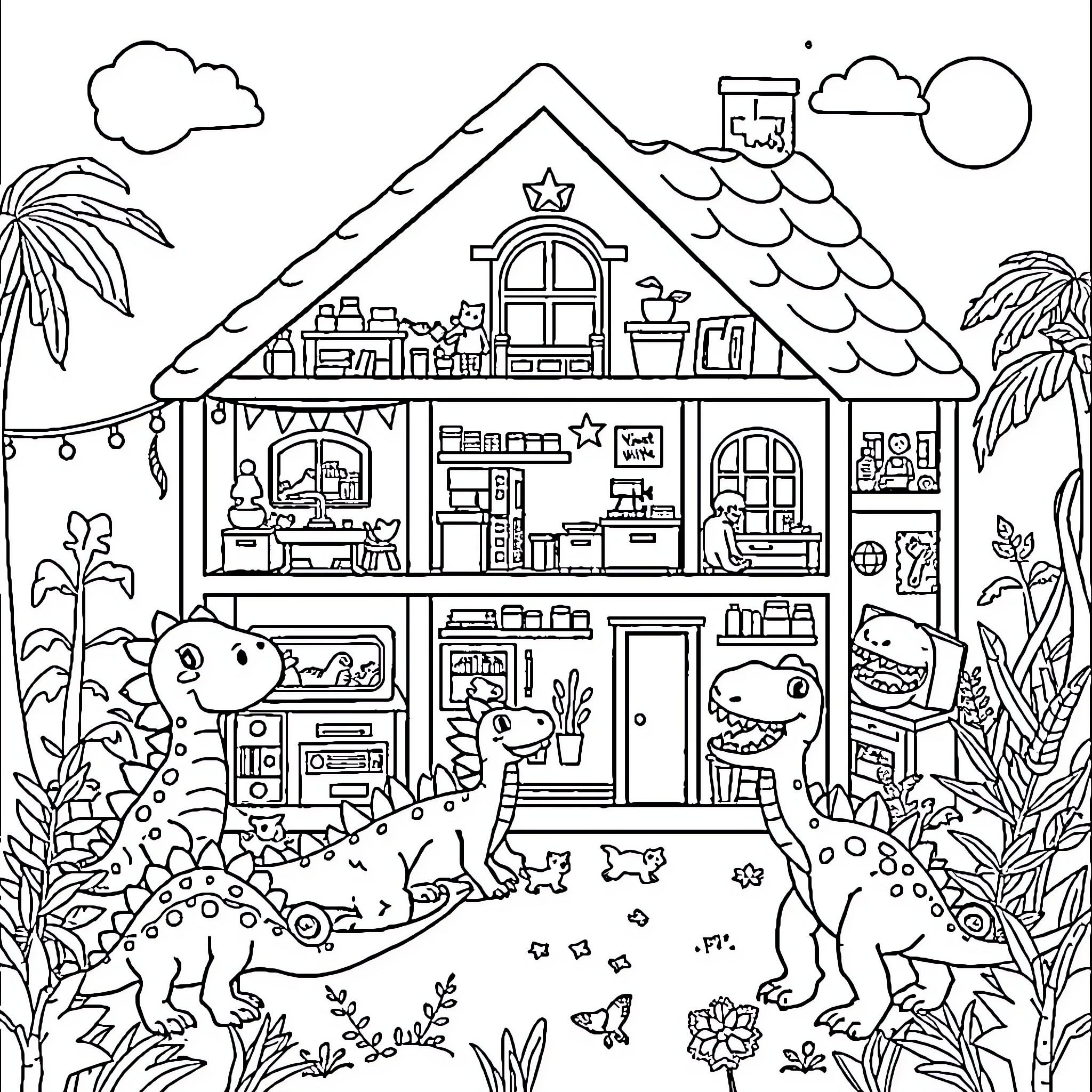 Dinosaurs exploring a cozy house in the jungle Coloring Page (free black-and-white line drawing printable PDF for all, from beginners to advanced learners, including children, teens, adults, and seniors)