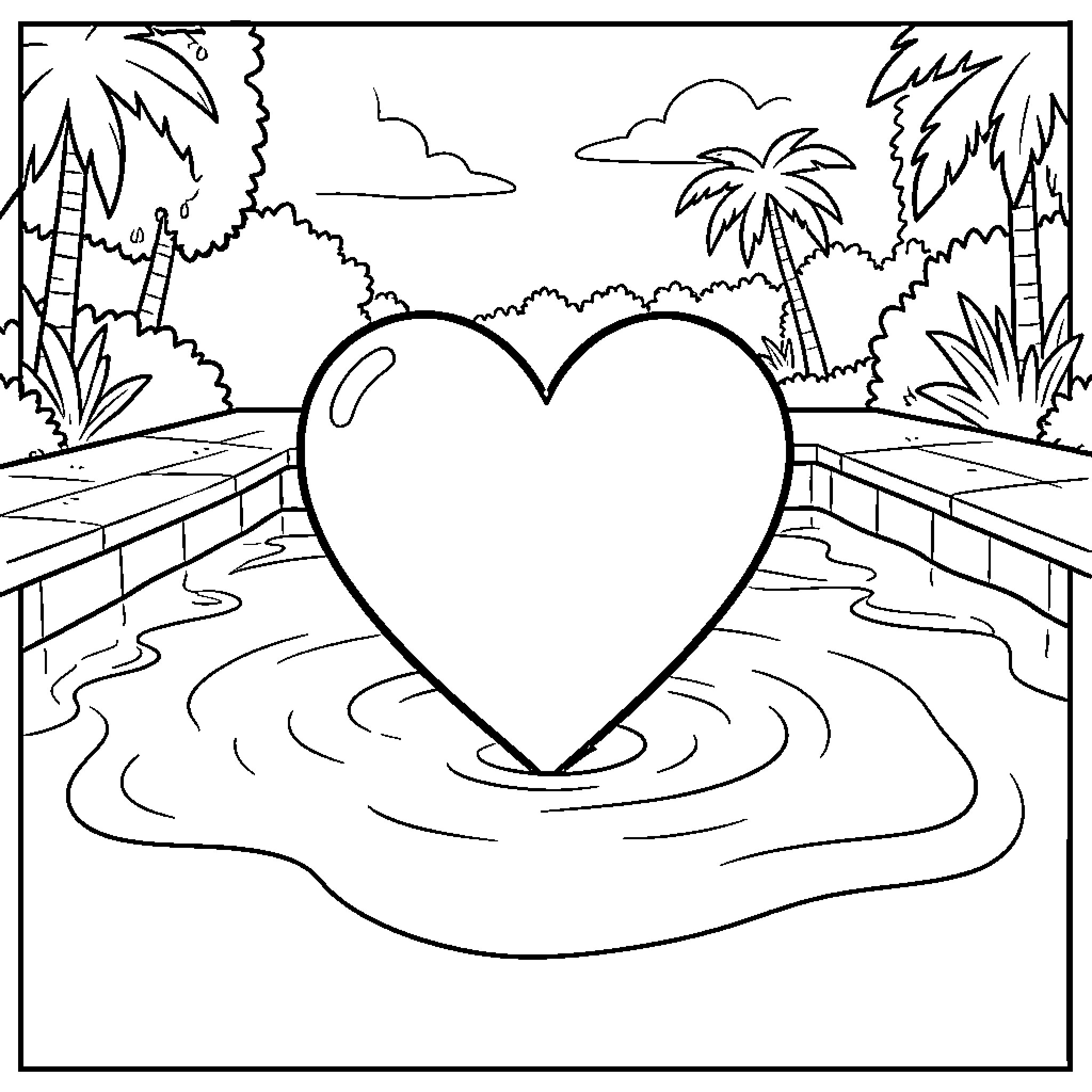 Heart shape rippling in a tropical pool scene Coloring Page (free black-and-white line drawing printable PDF for all, from beginners to advanced learners, including children, teens, adults, and seniors)