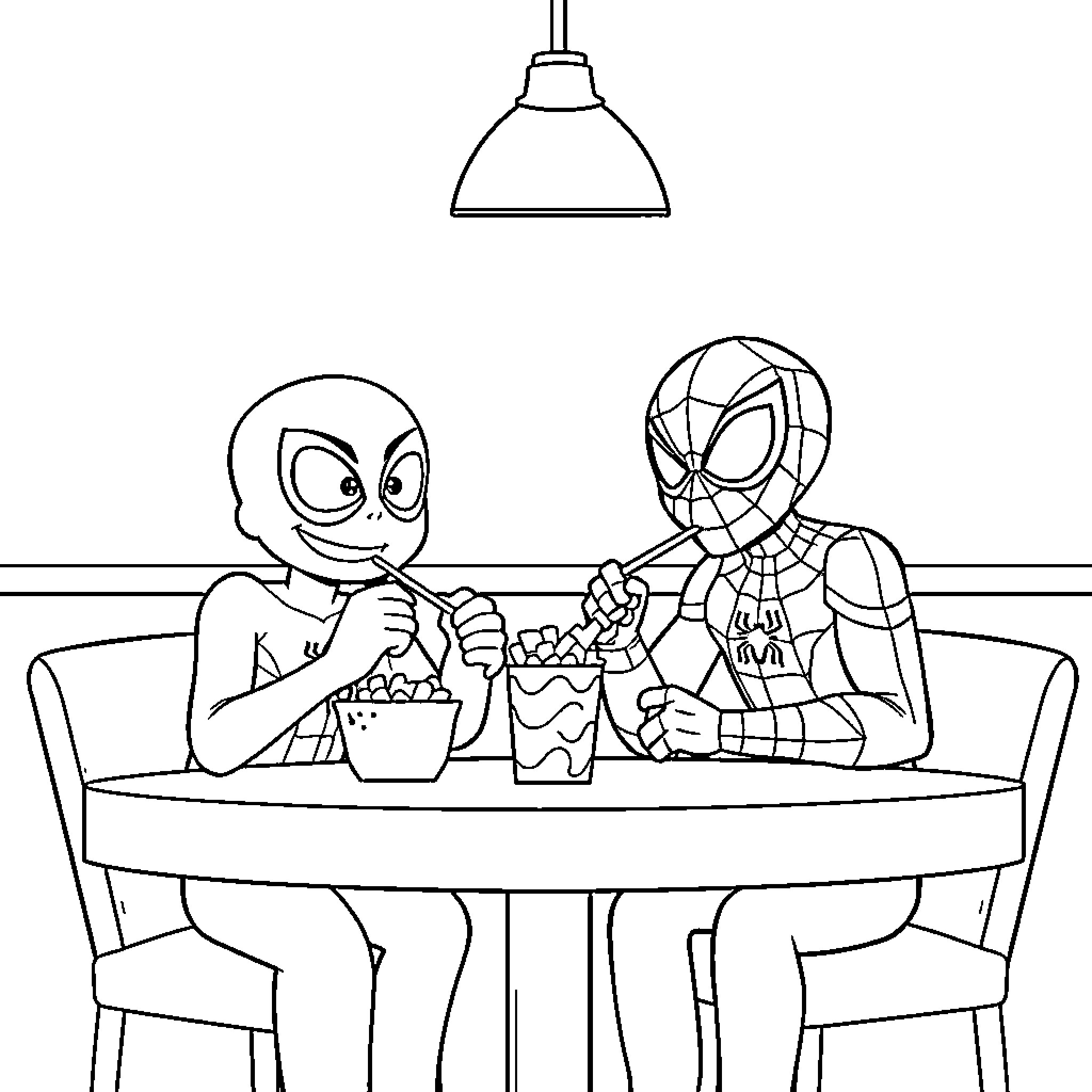 Bluey and Spider-Man enjoying a snack together Coloring Page (free black-and-white line drawing printable PDF for all, from beginners to advanced learners, including children, teens, adults, and seniors)
