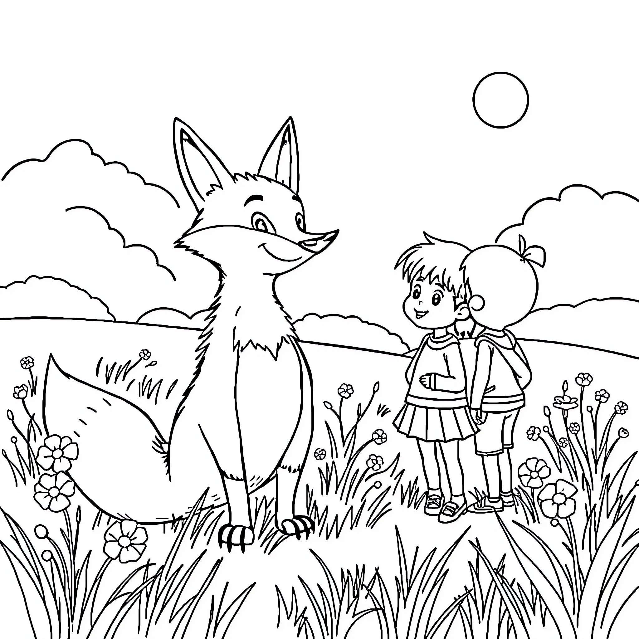 Fox and girl playing in the field Coloring Page (free black-and-white line drawing printable PDF for all, from beginners to advanced learners, including children, teens, adults, and seniors)