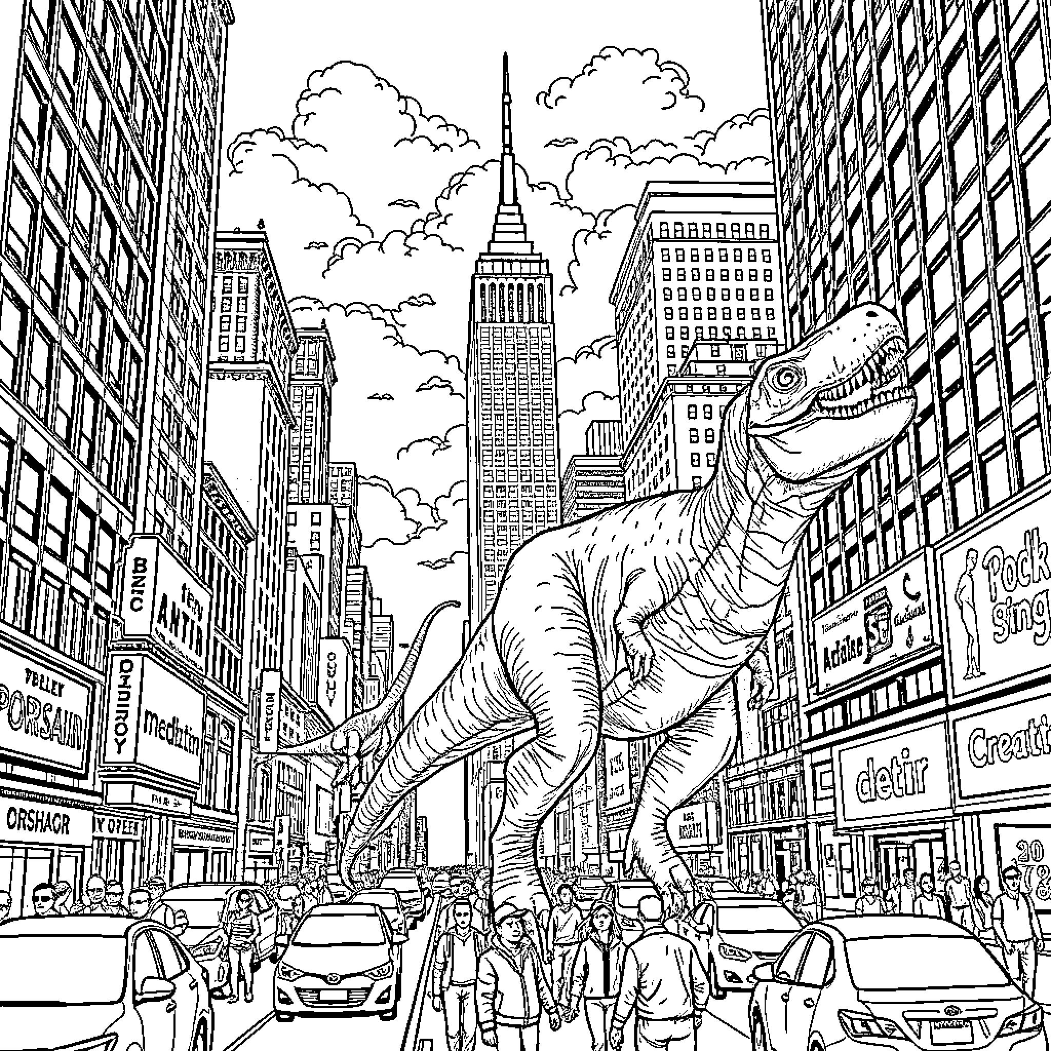 Dinosaur roams through bustling city landscape Coloring Page (free black-and-white line drawing printable PDF for all, from beginners to advanced learners, including children, teens, adults, and seniors)