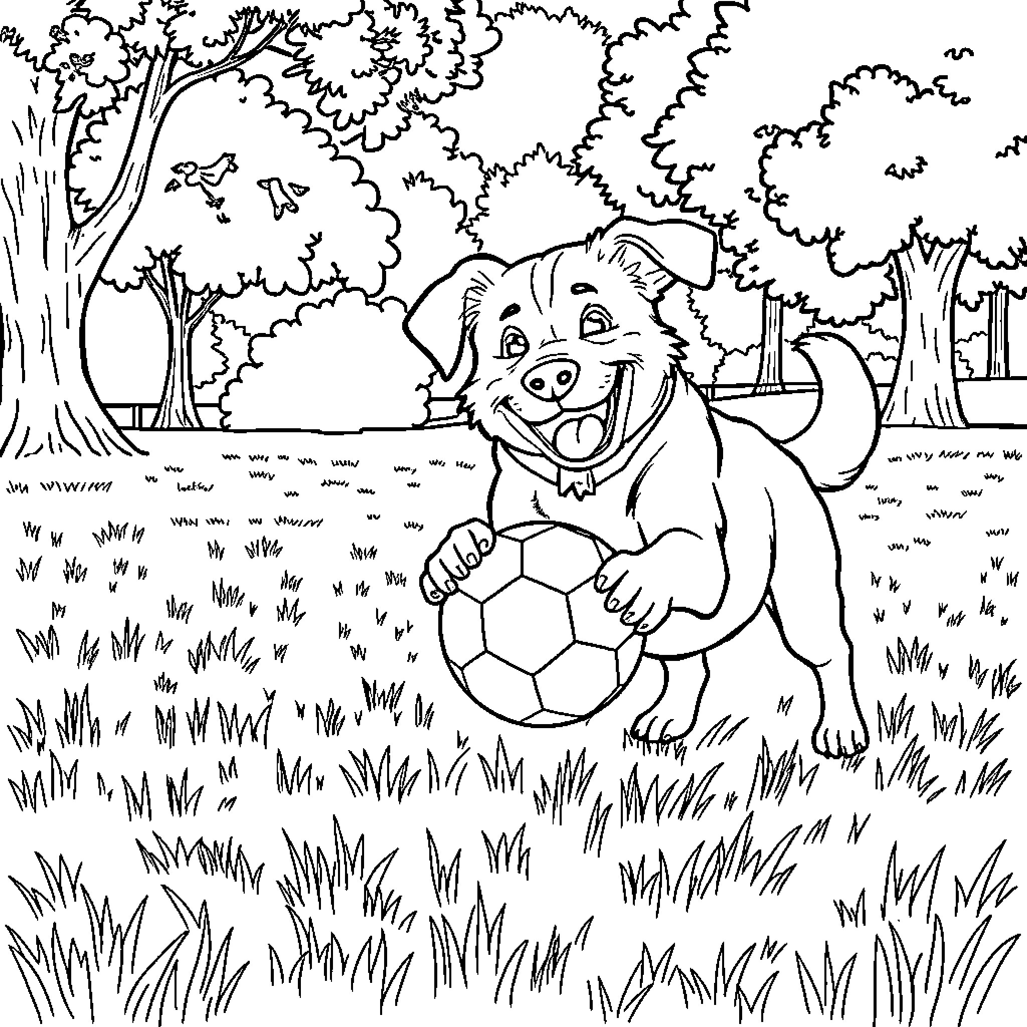 Dog playing with a soccer ball in the park Coloring Page (free black-and-white line drawing printable PDF for all, from beginners to advanced learners, including children, teens, adults, and seniors)