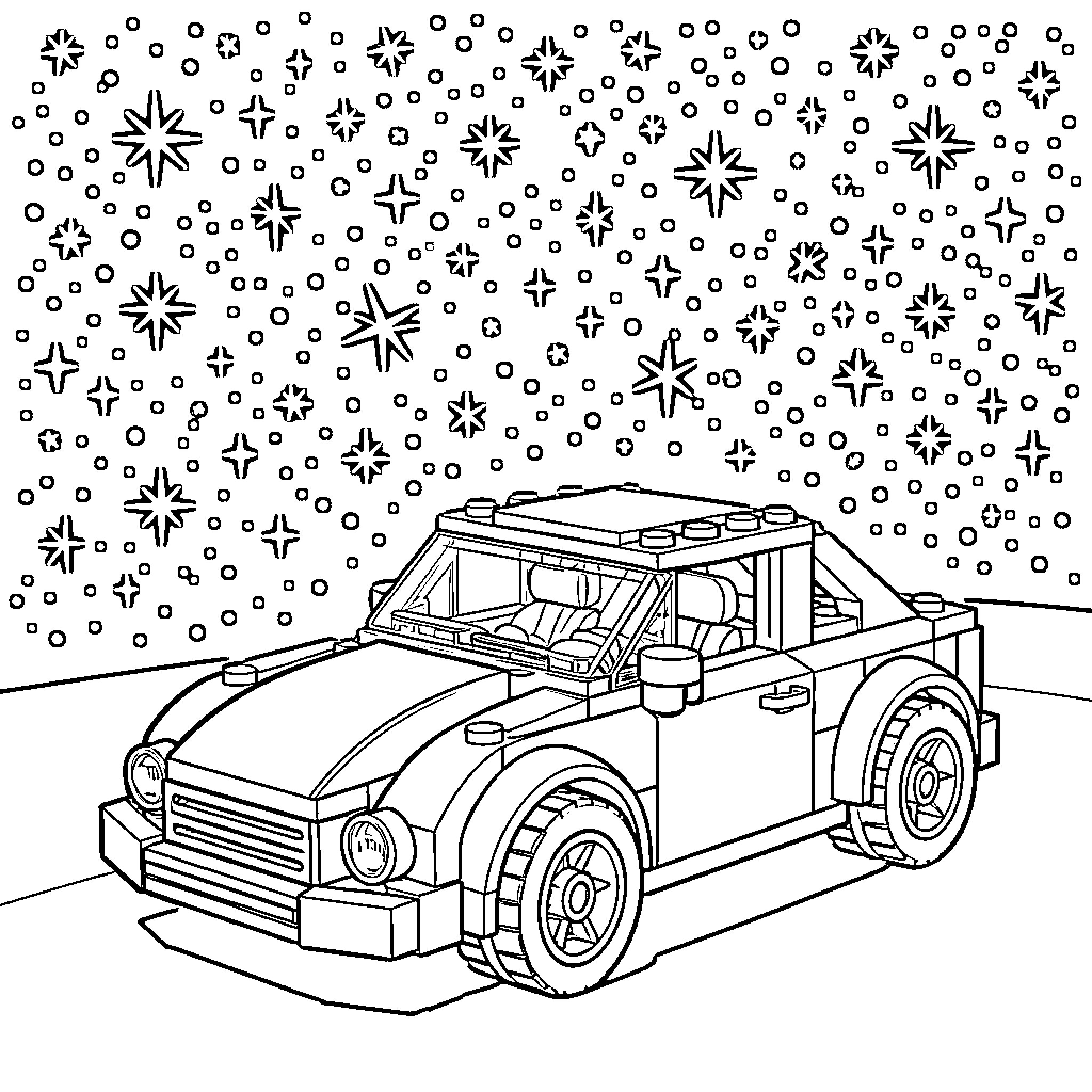 Spiderman Car driving through a field of stars Coloring Page (free black-and-white line drawing printable PDF for all, from beginners to advanced learners, including children, teens, adults, and seniors)
