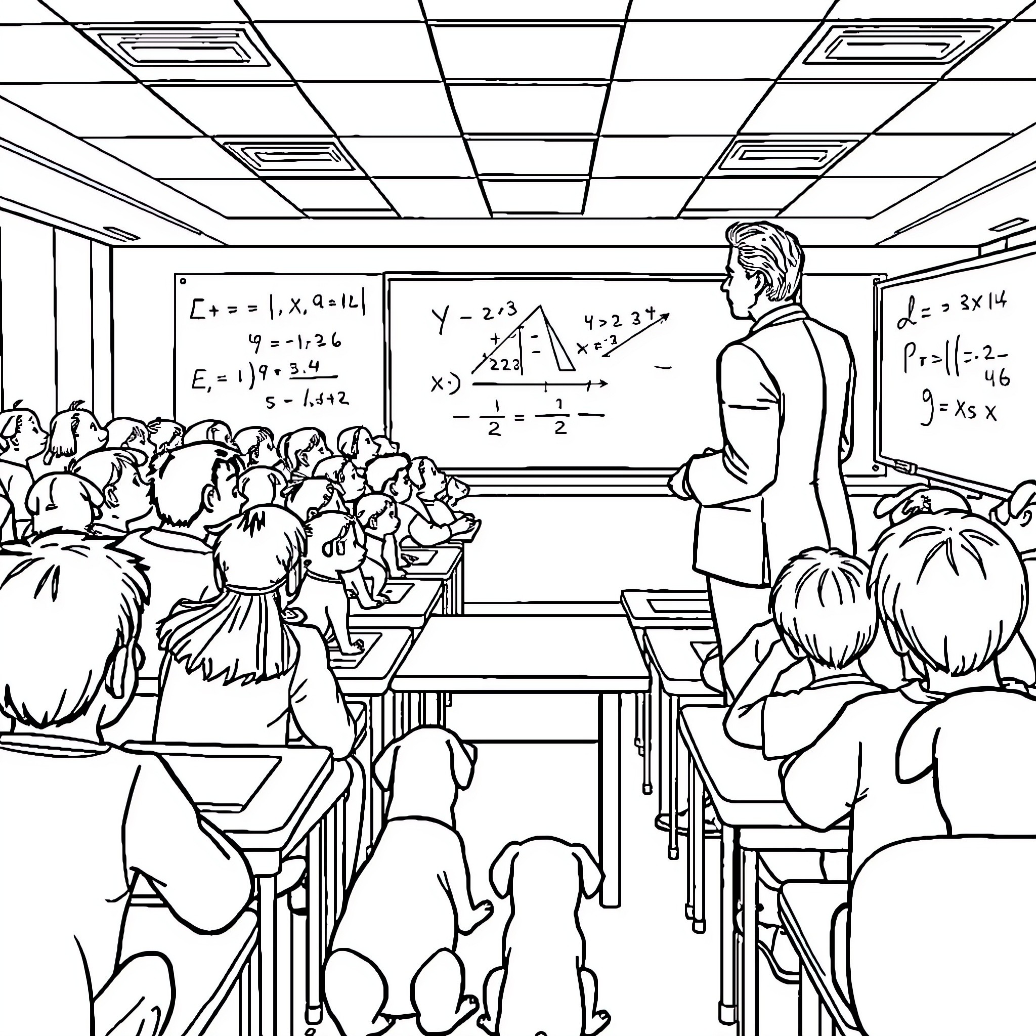 Professor Lecturing Students in Classroom Coloring Page (free black-and-white line drawing printable PDF for all, from beginners to advanced learners, including children, teens, adults, and seniors)
