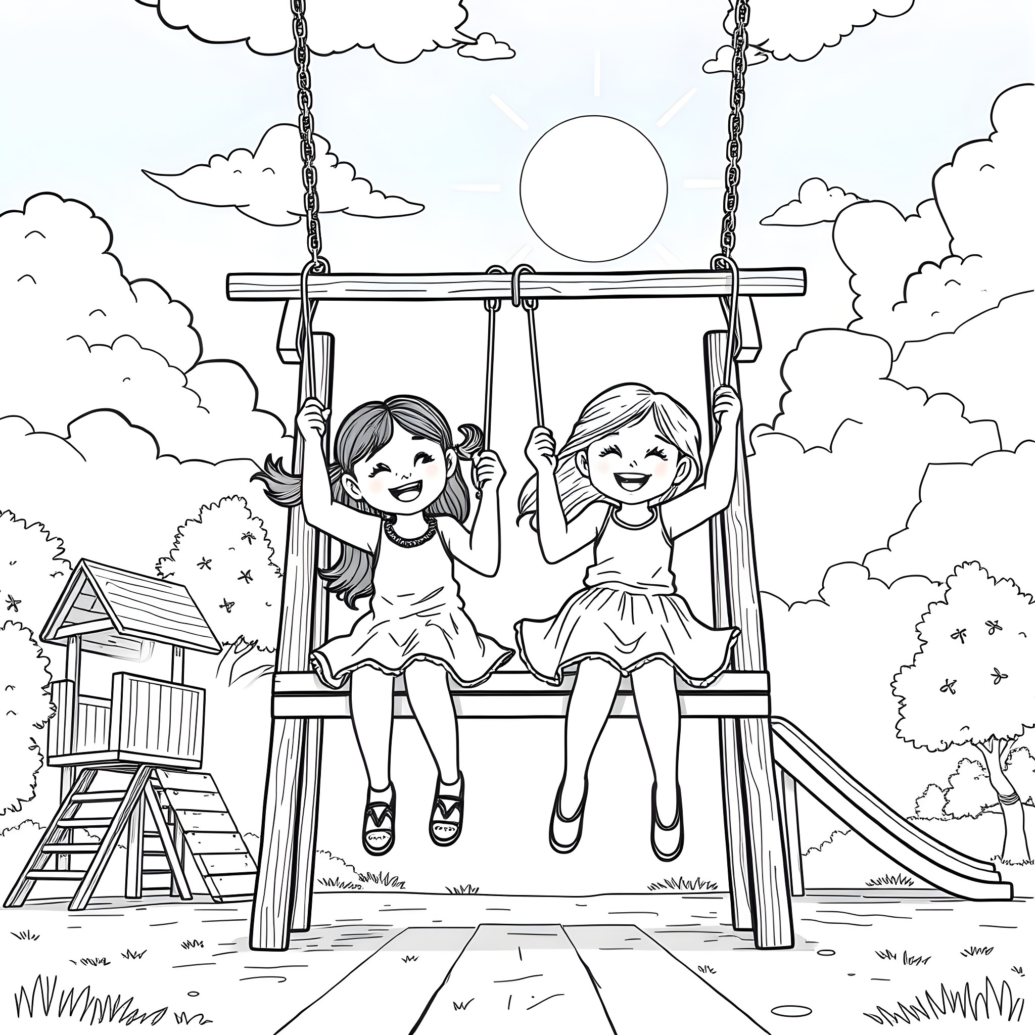 Girls swinging happily in the park Coloring Page (free black-and-white line drawing printable PDF for all, from beginners to advanced learners, including children, teens, adults, and seniors)