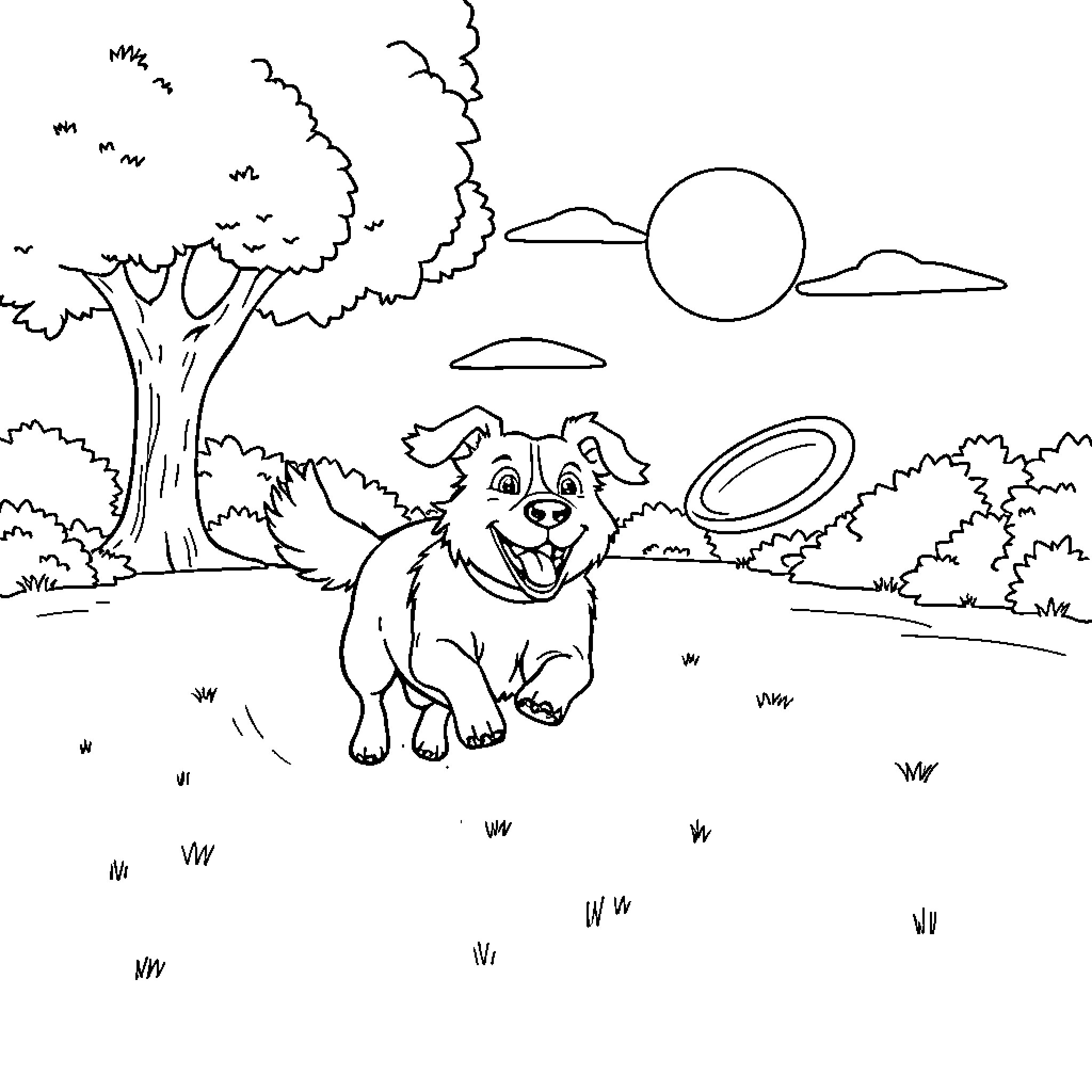 Dog playing with frisbee in park scenery Coloring Page (free black-and-white line drawing printable PDF for all, from beginners to advanced learners, including children, teens, adults, and seniors)