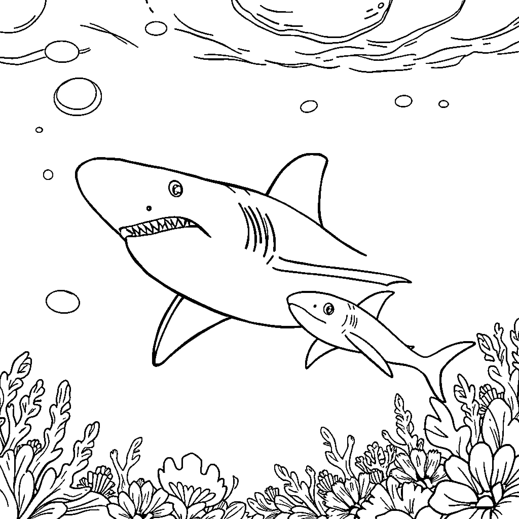 Shark swimming among vibrant ocean life Coloring Page (free black-and-white line drawing printable PDF for all, from beginners to advanced learners, including children, teens, adults, and seniors)