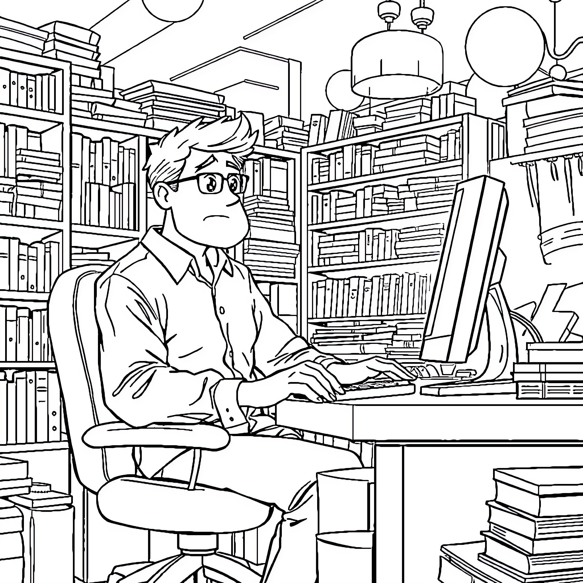 Bookstore Owner Working Diligently at Computer Coloring Page (free black-and-white line drawing printable PDF for all, from beginners to advanced learners, including children, teens, adults, and seniors)