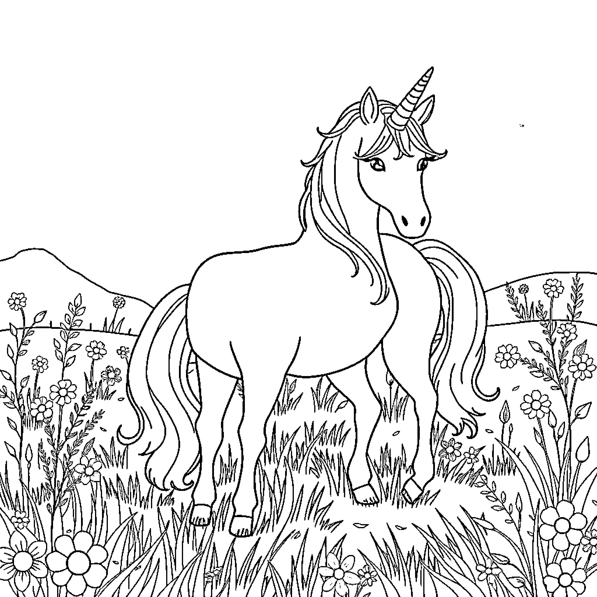 Unicorn galloping through a flowery meadow Coloring Page (free black-and-white line drawing printable PDF for all, from beginners to advanced learners, including children, teens, adults, and seniors)