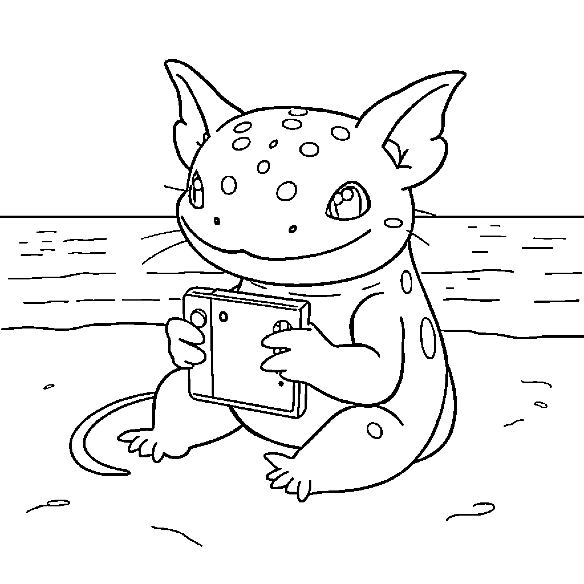 Axolotl using a smartphone on the beach Coloring Page (free black-and-white line drawing printable PDF for all, from beginners to advanced learners, including children, teens, adults, and seniors)
