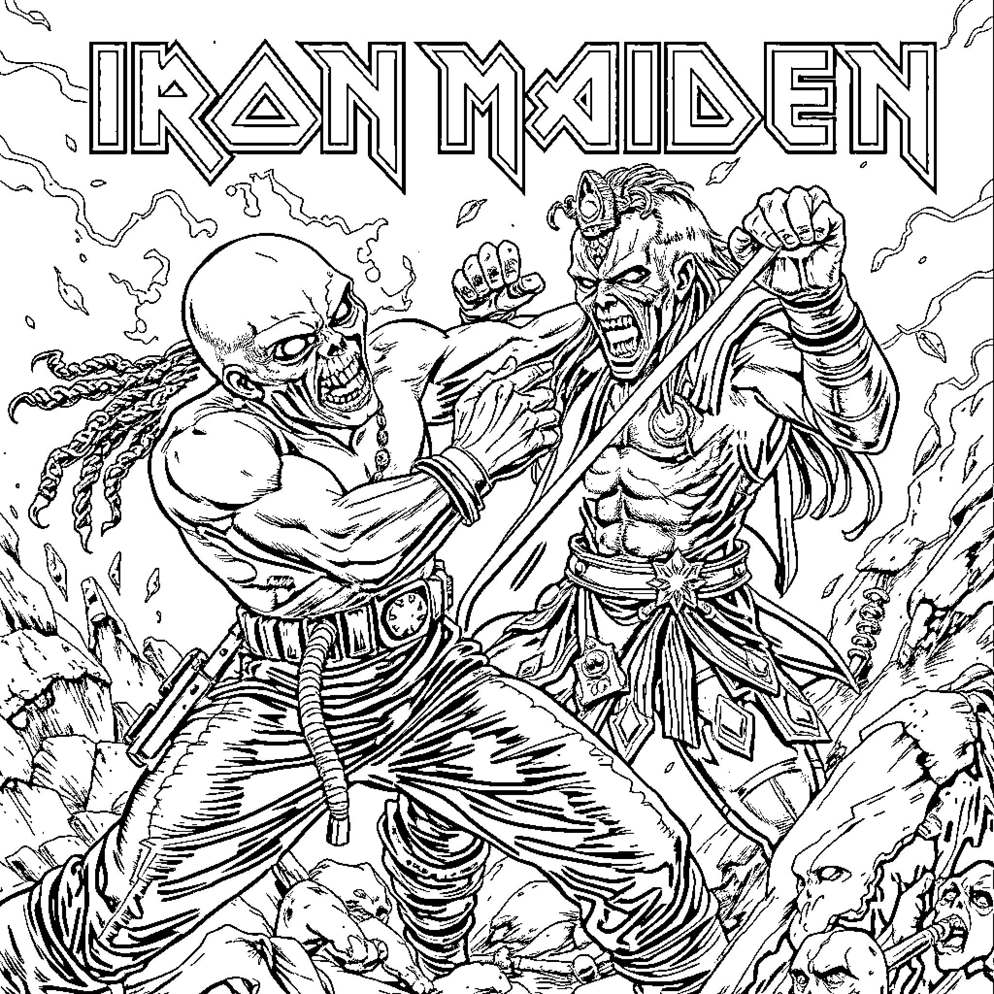 Eddie's Fierce Roar and Intense Battle Coloring Page (free black-and-white line drawing printable PDF for all, from beginners to advanced learners, including children, teens, adults, and seniors)