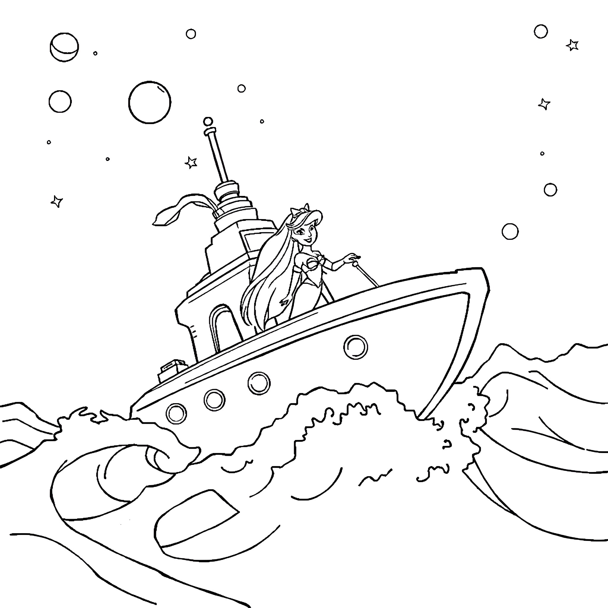 Ariel exploring the open sea on a ship Coloring Page (free black-and-white line drawing printable PDF for all, from beginners to advanced learners, including children, teens, adults, and seniors)