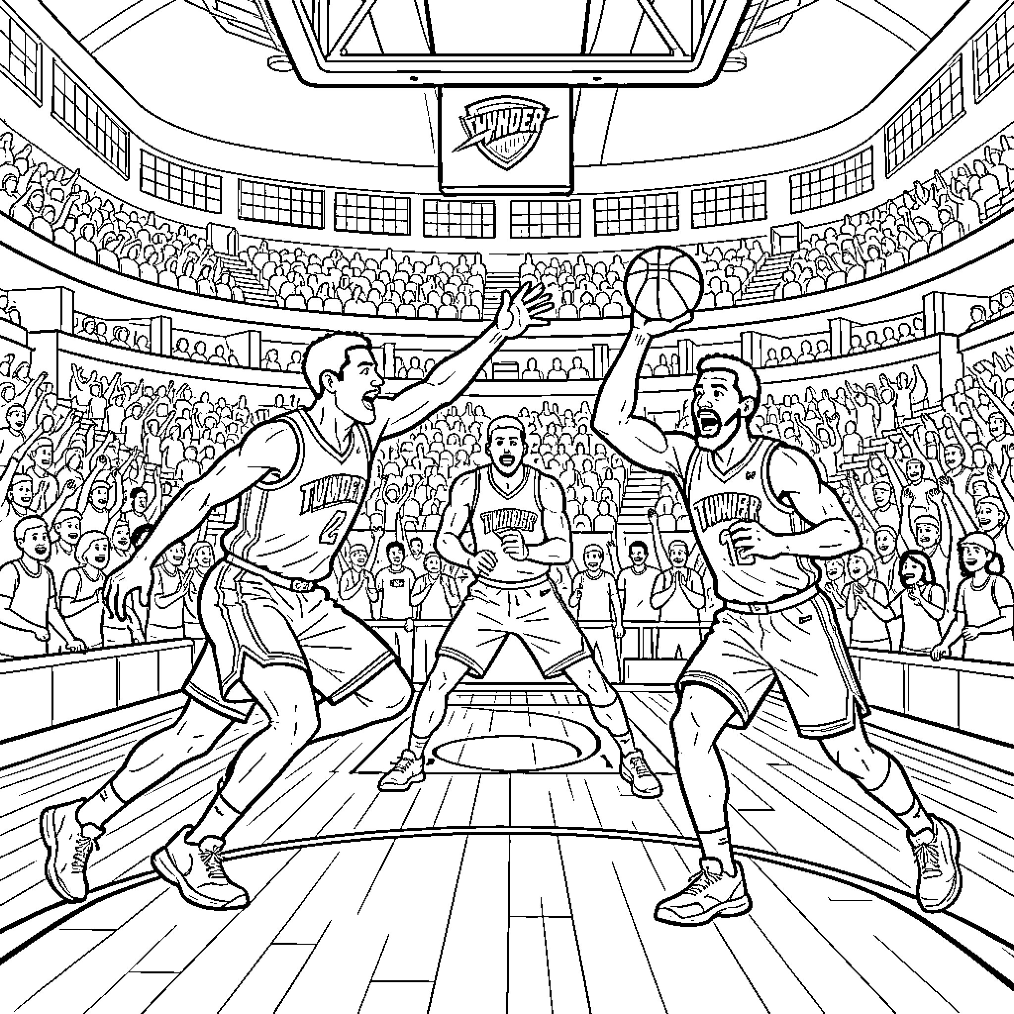 Okc Thunder basketball players competing intensely during a game Coloring Page (free black-and-white line drawing printable PDF for all, from beginners to advanced learners, including children, teens, adults, and seniors)