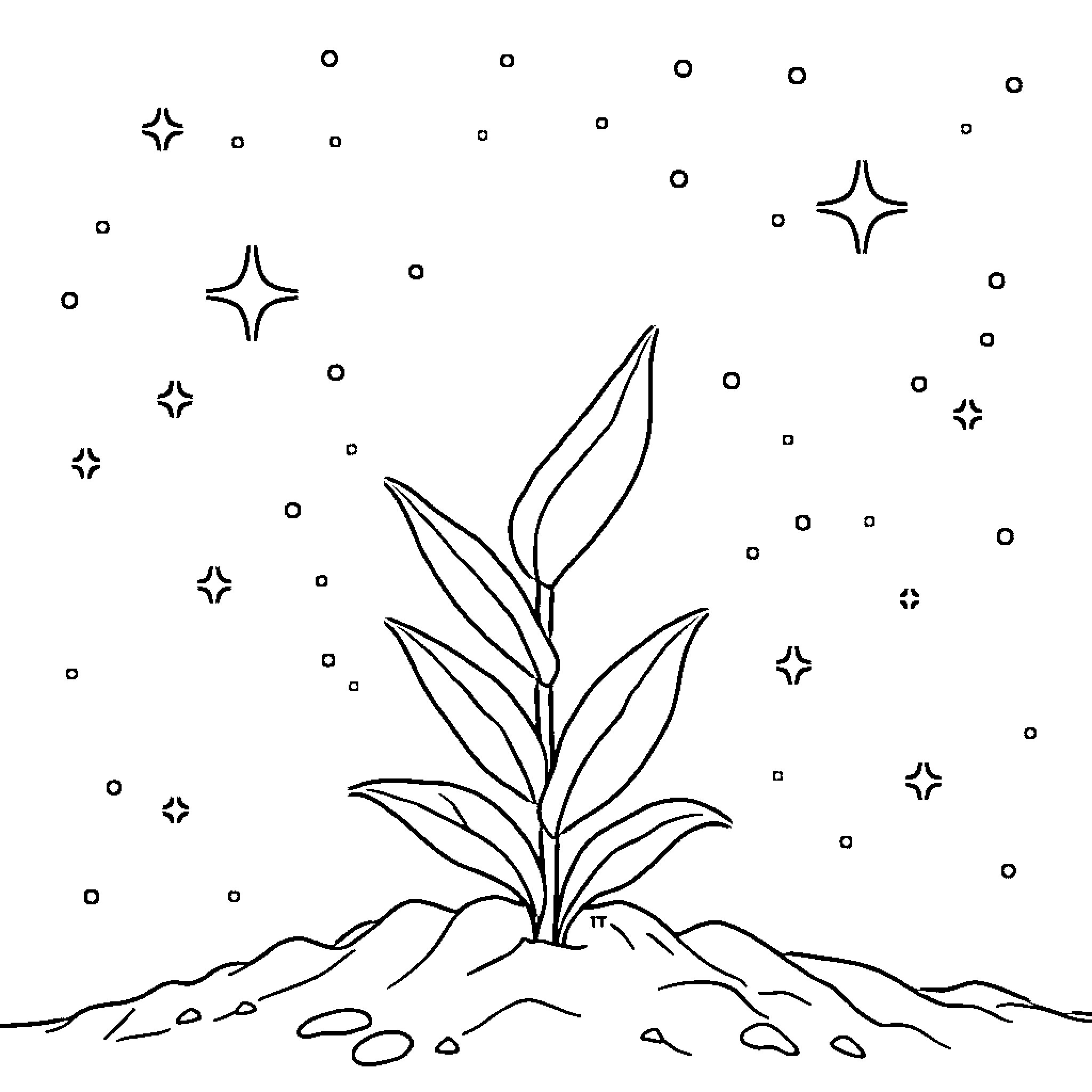 Weed sprouting among the stars Coloring Page (free black-and-white line drawing printable PDF for all, from beginners to advanced learners, including children, teens, adults, and seniors)