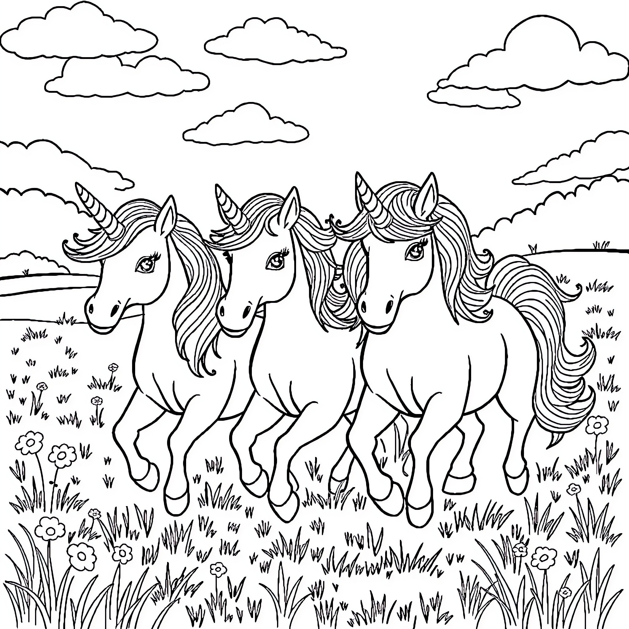 Unicorn trio galloping through the meadow Coloring Page (free black-and-white line drawing printable PDF for all, from beginners to advanced learners, including children, teens, adults, and seniors)