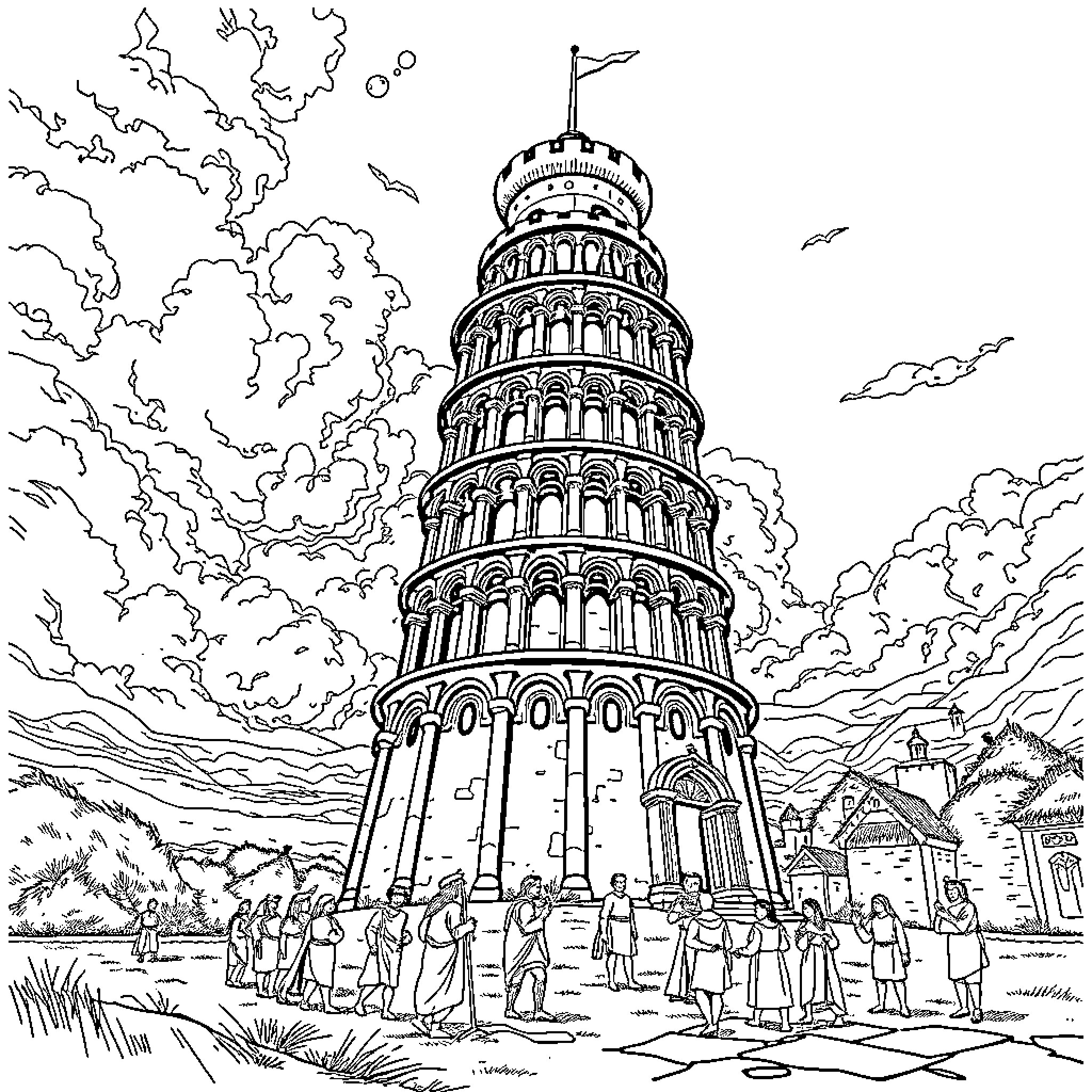 Tower of diverse people exploring the landscape Coloring Page (free black-and-white line drawing printable PDF for all, from beginners to advanced learners, including children, teens, adults, and seniors)
