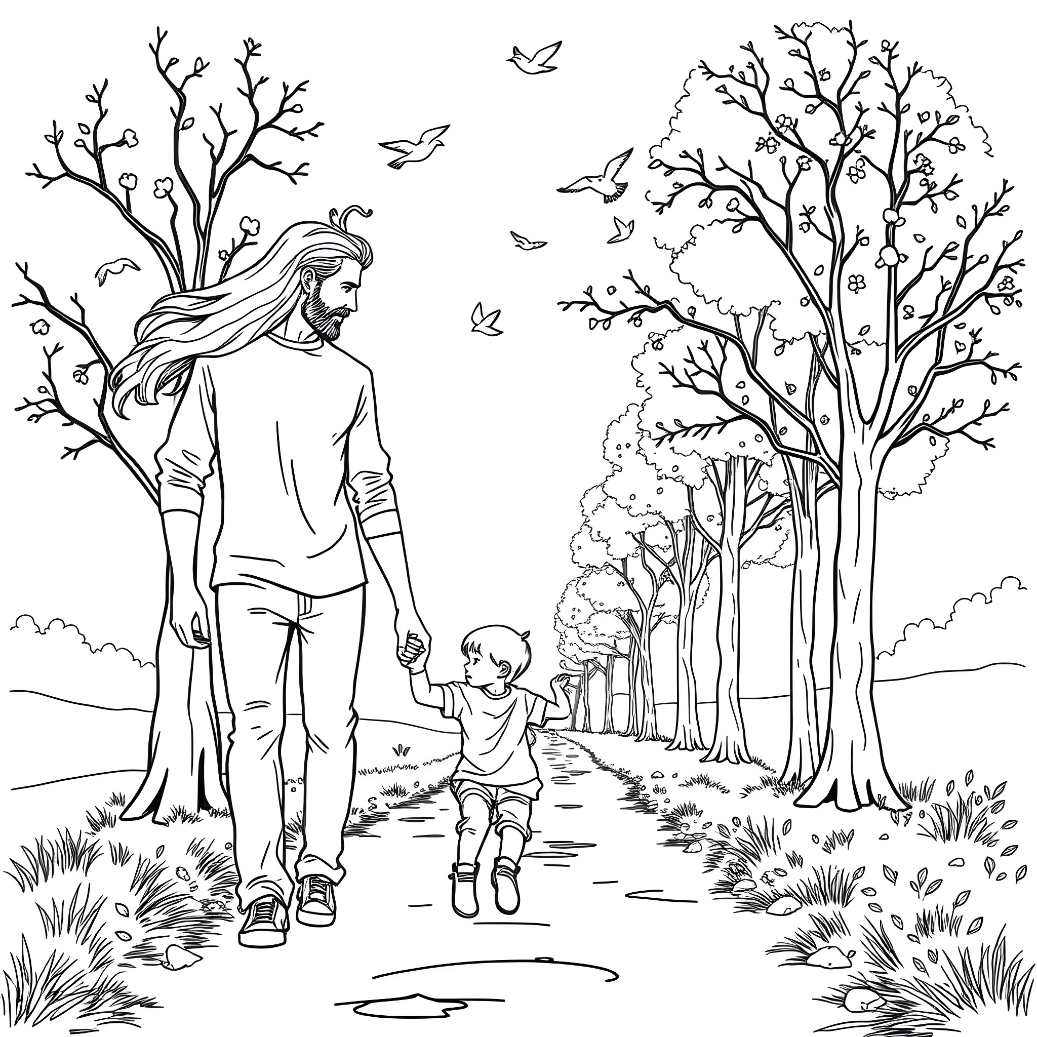 Father and child walking together in the forest Coloring Page (free black-and-white line drawing printable PDF for all, from beginners to advanced learners, including children, teens, adults, and seniors)