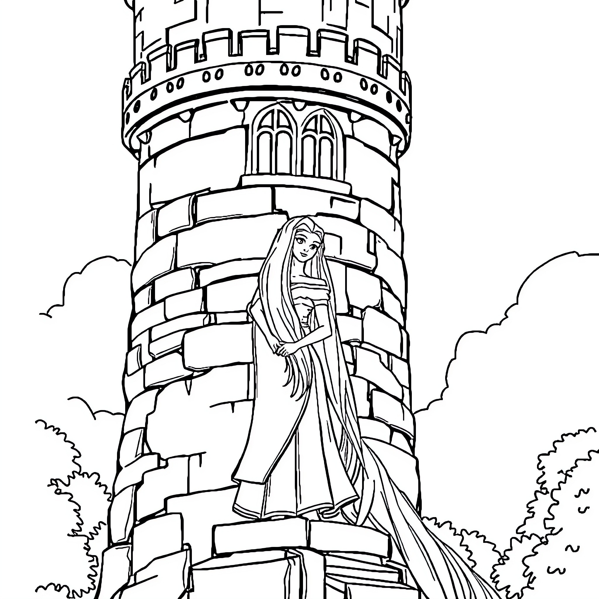 Rapunzel gazing out from the tower window Coloring Page (free black-and-white line drawing printable PDF for all, from beginners to advanced learners, including children, teens, adults, and seniors)