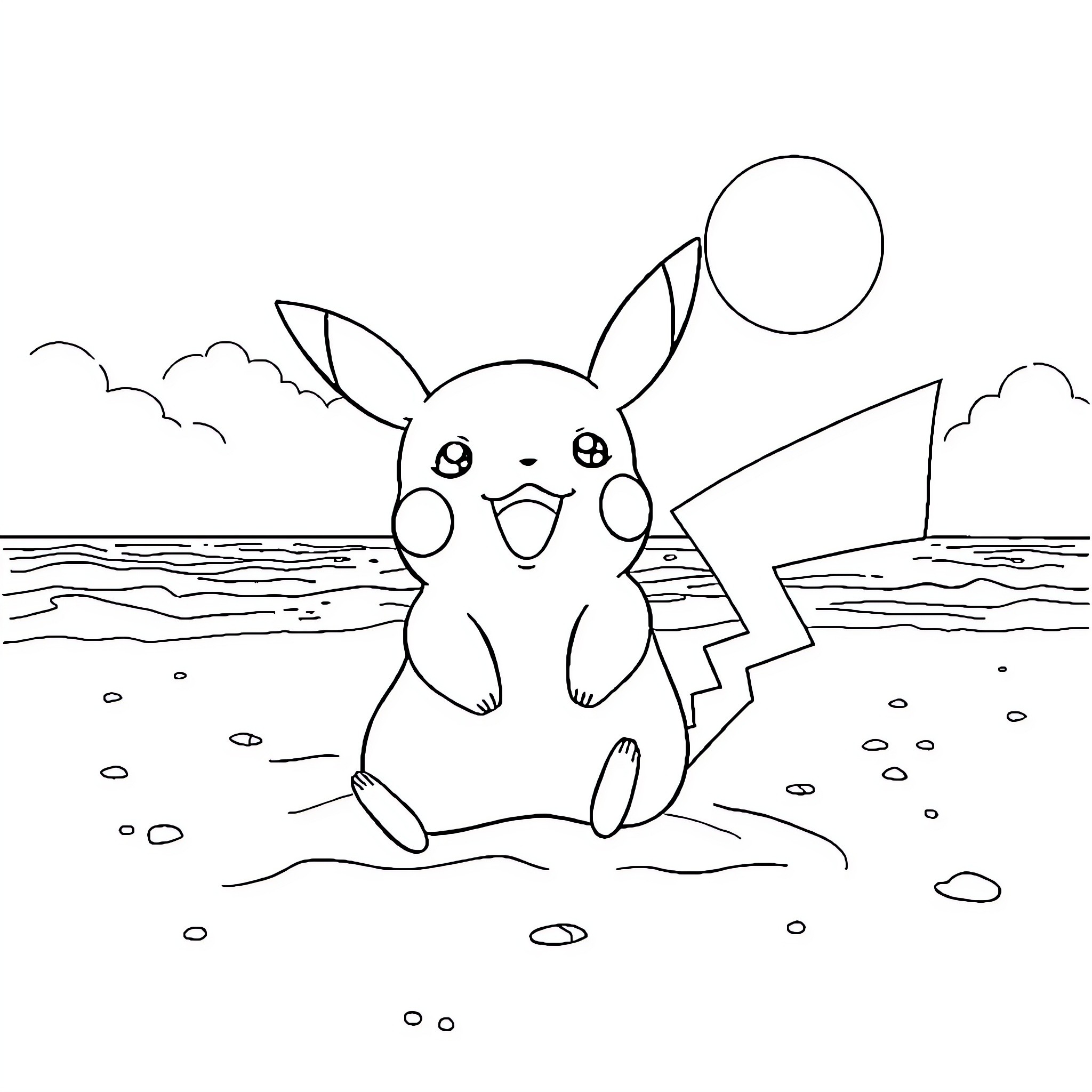 Pikachu enjoying the beach scenery Coloring Page (free black-and-white line drawing printable PDF for all, from beginners to advanced learners, including children, teens, adults, and seniors)