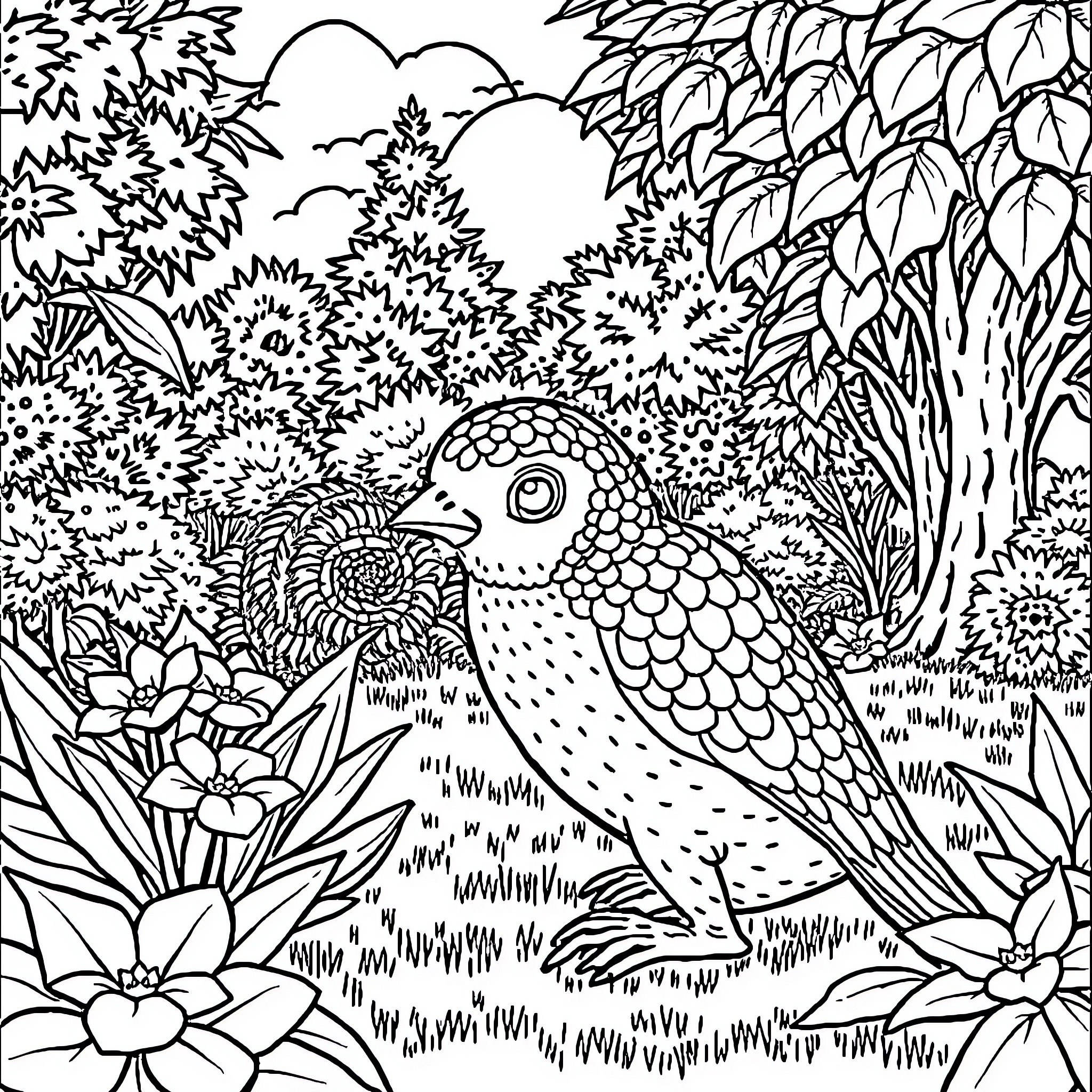 Rabbit exploring a vibrant forest landscape Coloring Page (free black-and-white line drawing printable PDF for all, from beginners to advanced learners, including children, teens, adults, and seniors)