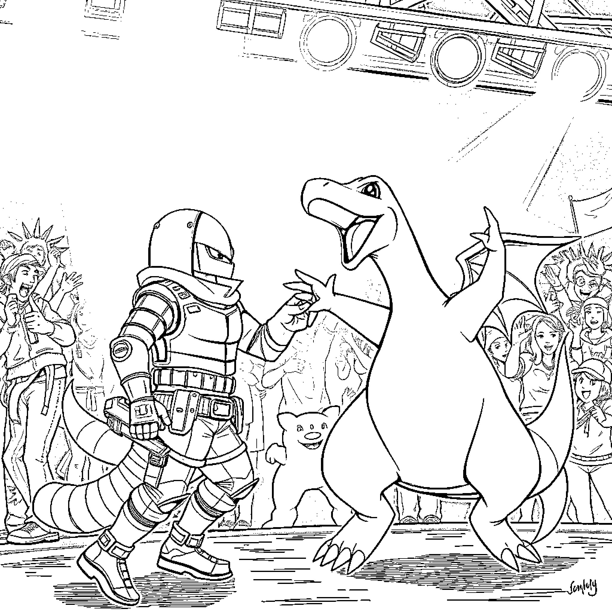 Charizard and warrior engage in epic confrontation Coloring Page (free black-and-white line drawing printable PDF for all, from beginners to advanced learners, including children, teens, adults, and seniors)