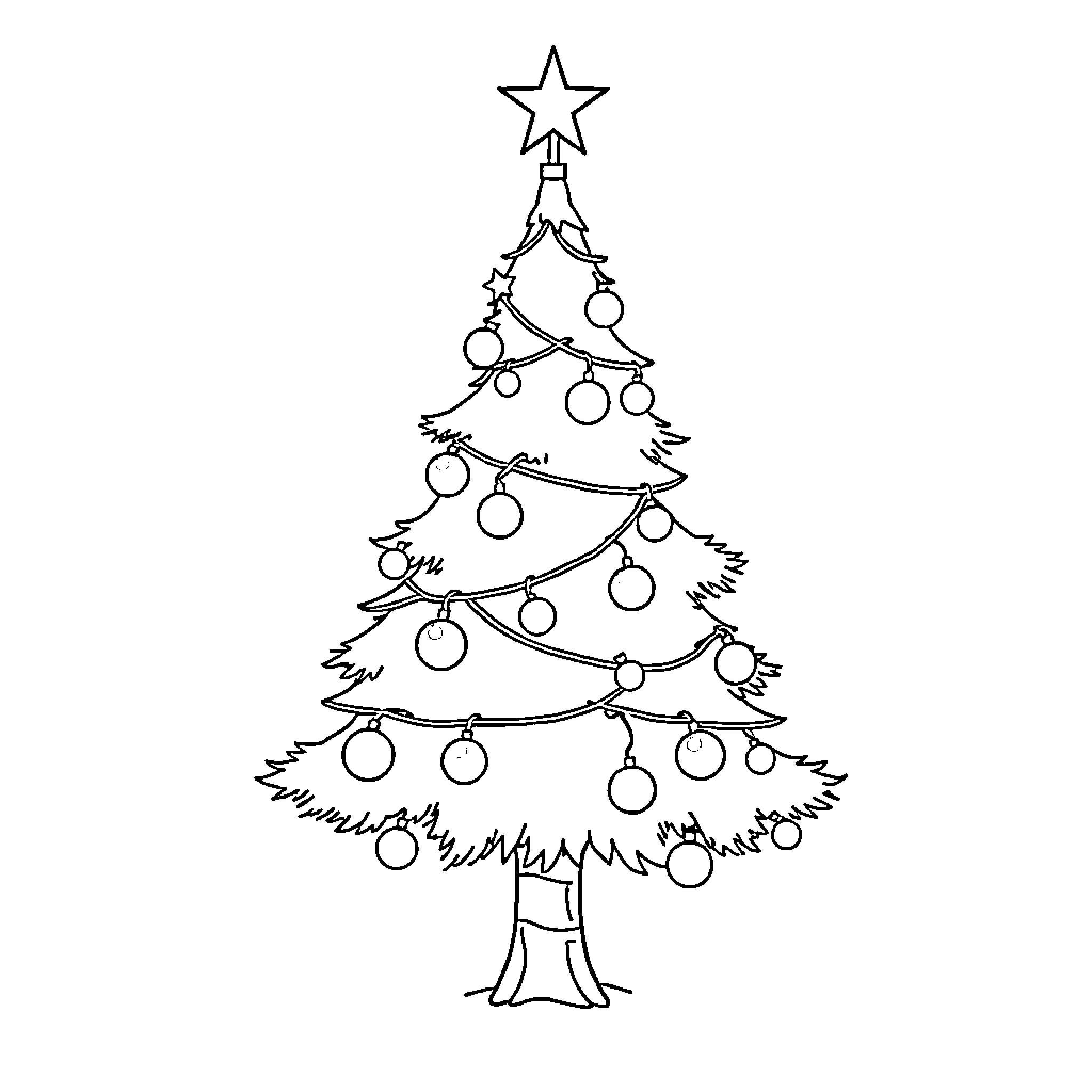Christmas Tree with Ornaments and Star Coloring Page (free black-and-white line drawing printable PDF for all, from beginners to advanced learners, including children, teens, adults, and seniors)