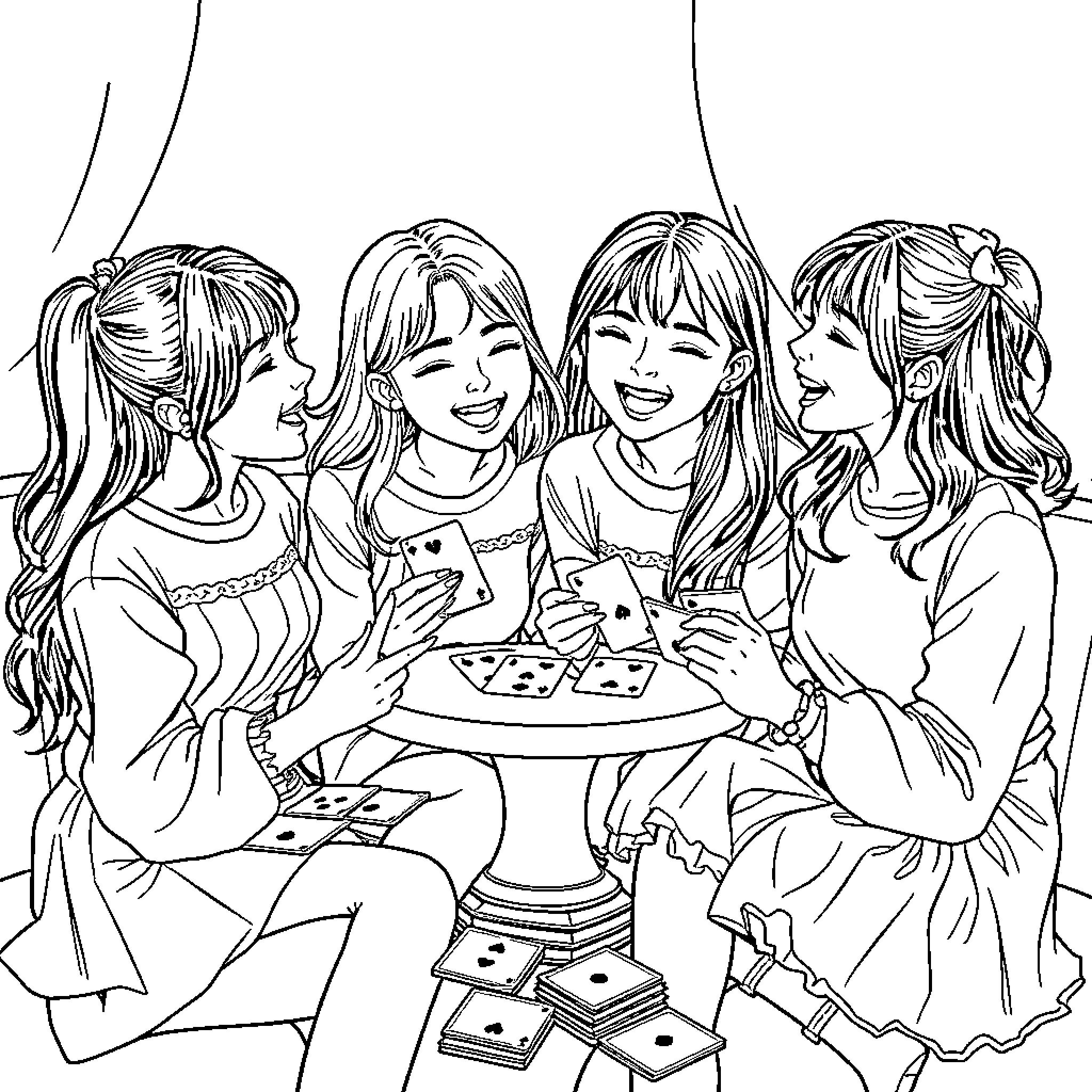 Kpop Girls Enjoying Game Night Together Coloring Page (free black-and-white line drawing printable PDF for all, from beginners to advanced learners, including children, teens, adults, and seniors)