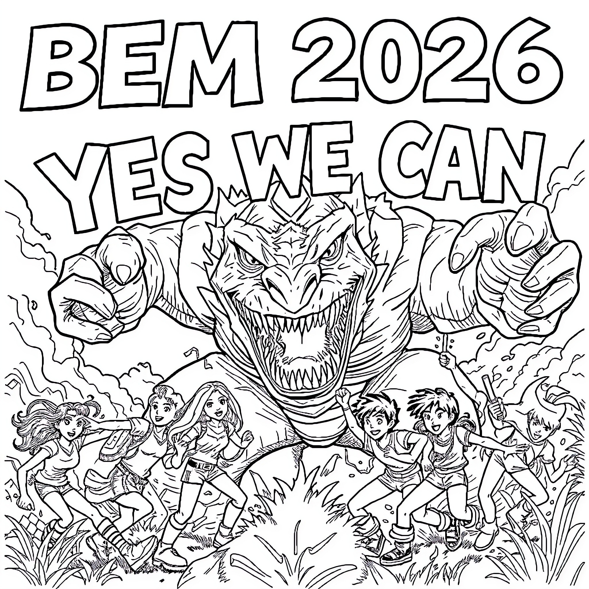 Teenager protagonists facing a fearsome monster in a dramatic scene Coloring Page (free black-and-white line drawing printable PDF for all, from beginners to advanced learners, including children, teens, adults, and seniors)
