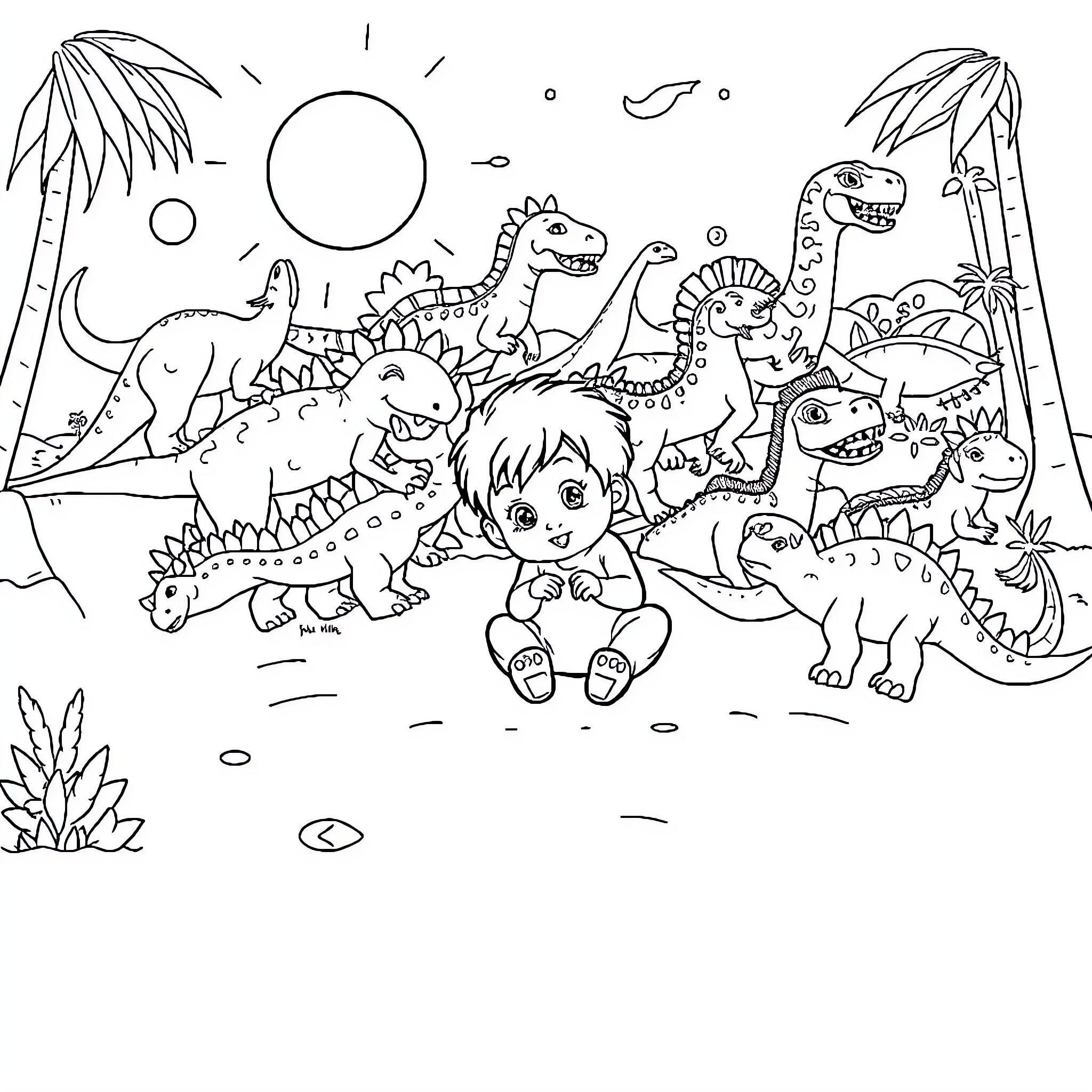 Niño playing with dinosaurs in a fantasy world Coloring Page (free black-and-white line drawing printable PDF for all, from beginners to advanced learners, including children, teens, adults, and seniors)