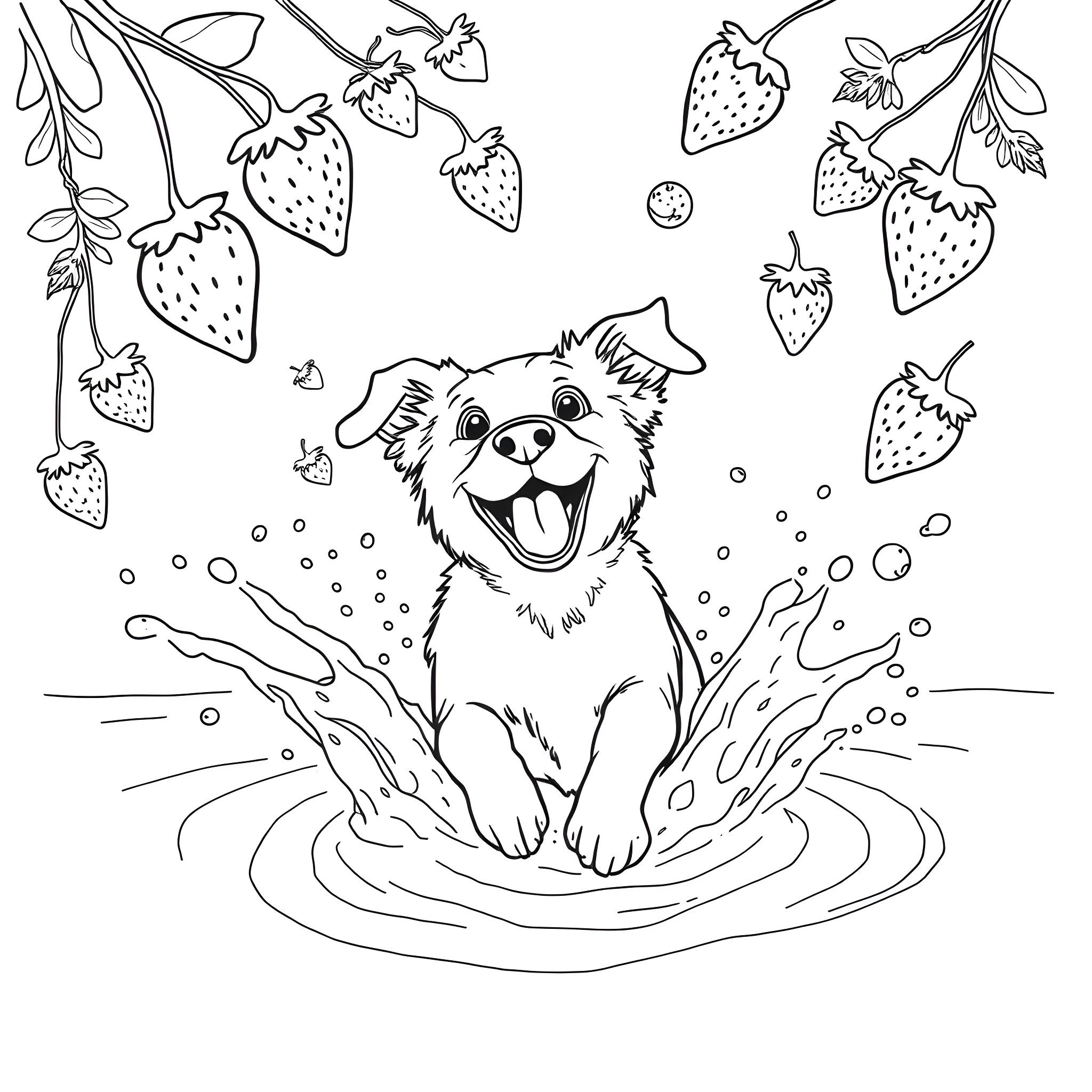 Dog splashing happily in strawberry patch Coloring Page (free black-and-white line drawing printable PDF for all, from beginners to advanced learners, including children, teens, adults, and seniors)