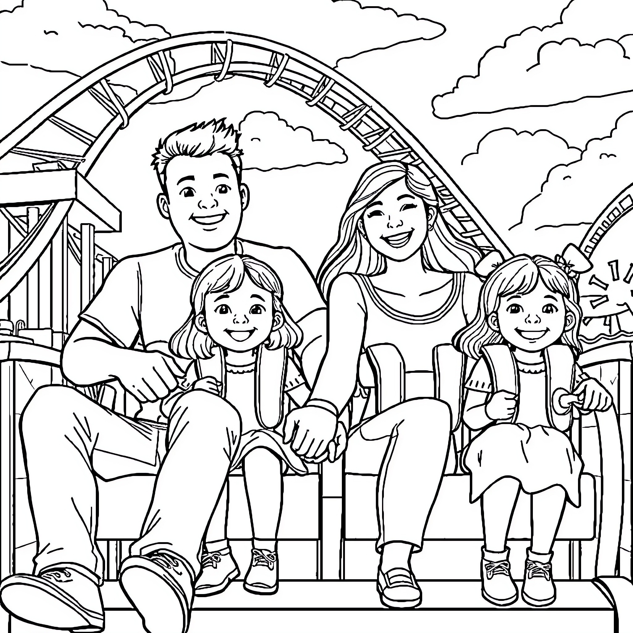Family enjoying thrilling amusement park ride Coloring Page (free black-and-white line drawing printable PDF for all, from beginners to advanced learners, including children, teens, adults, and seniors)